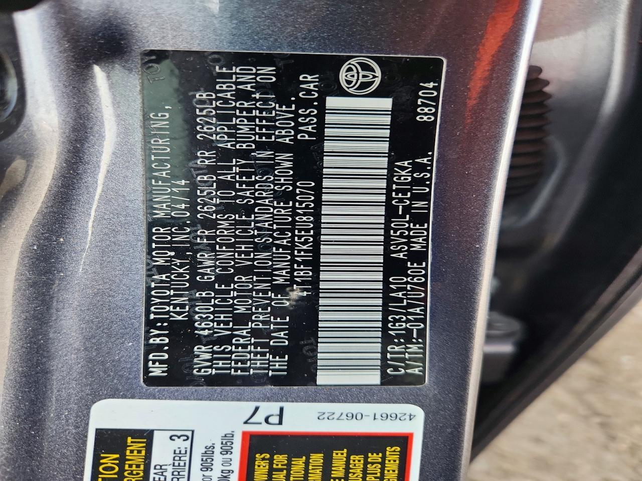 2014 Toyota Camry Xle Серый vin: 4T1BF1FK5EU815070