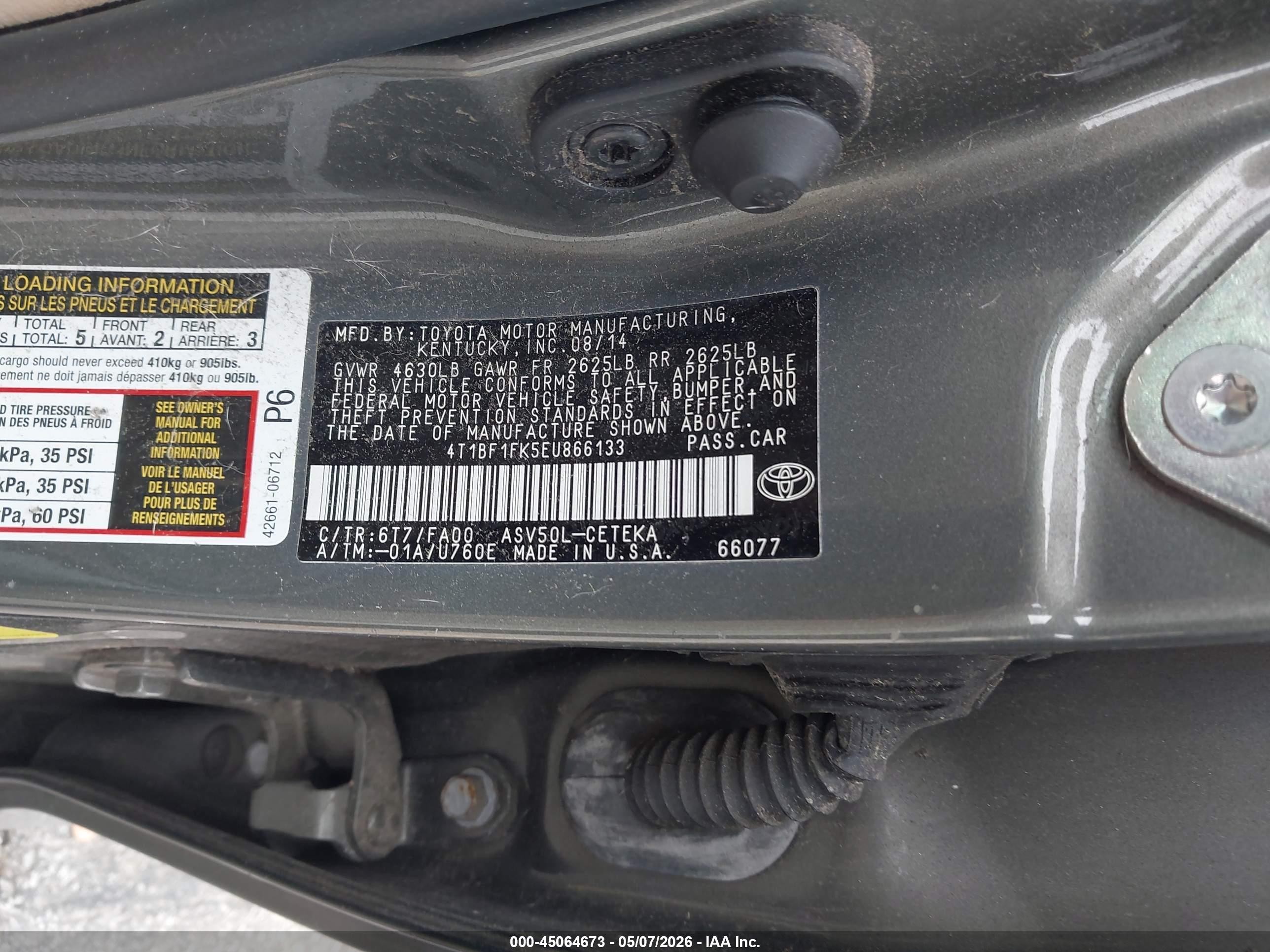 2014 Toyota Camry L Серый vin: 4T1BF1FK5EU866133