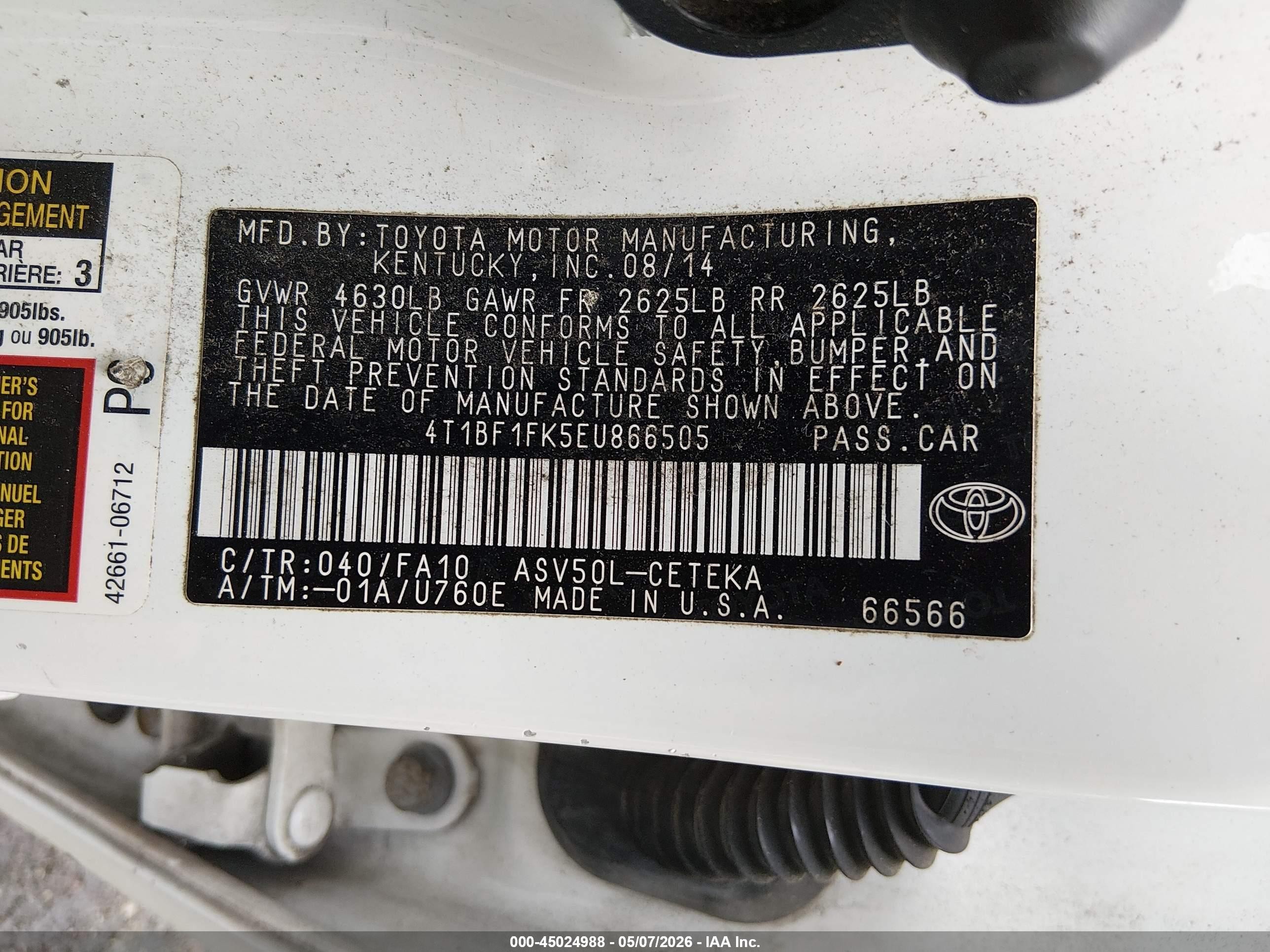 2014 Toyota Camry L White vin: 4T1BF1FK5EU866505