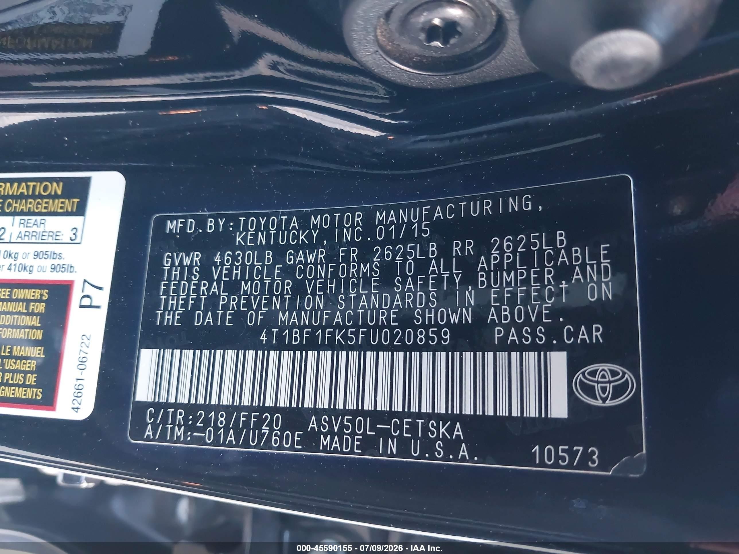 2015 Toyota Camry Se Black vin: 4T1BF1FK5FU020859