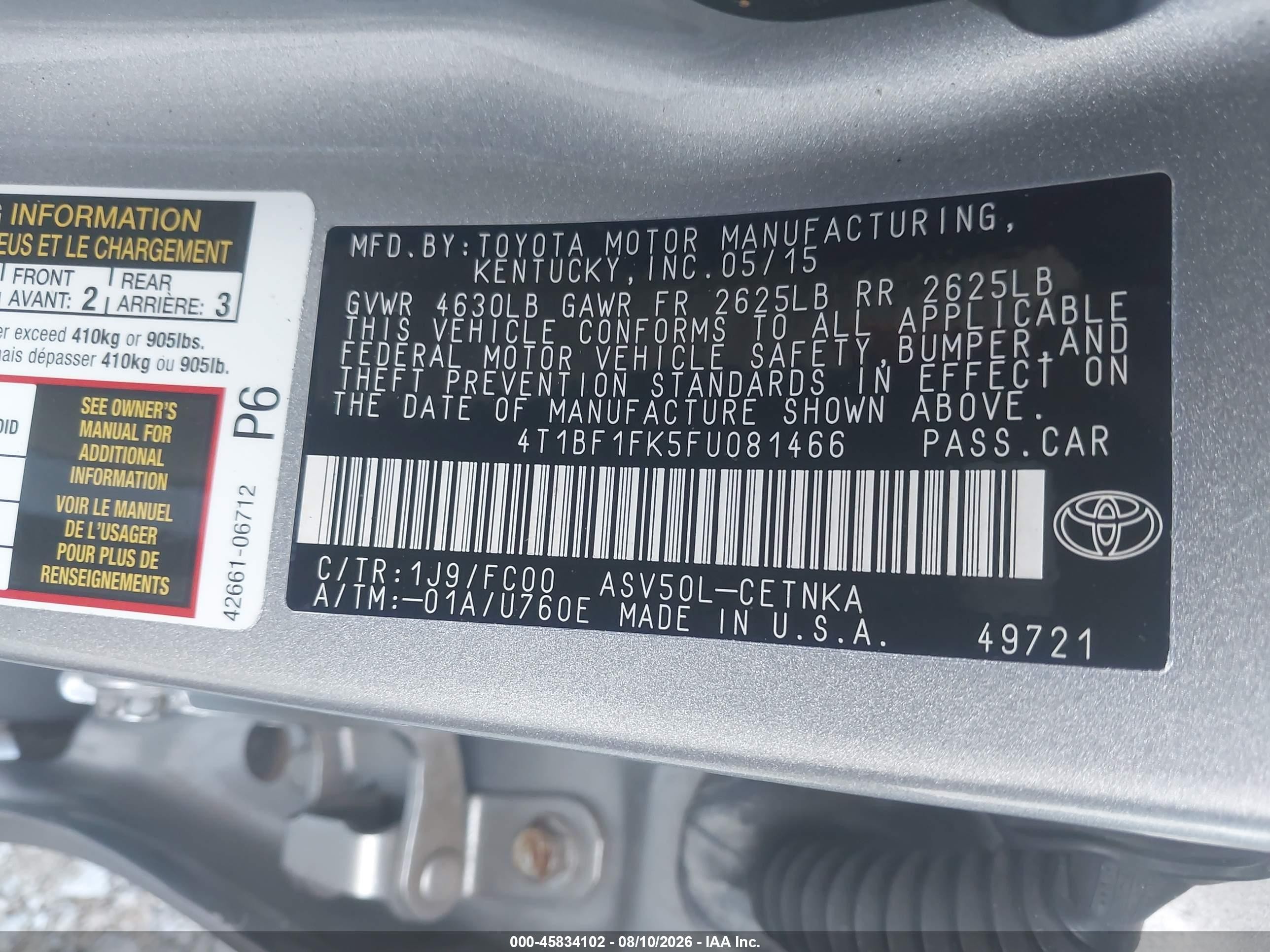 2015 Toyota Camry Le Серебряный vin: 4T1BF1FK5FU081466