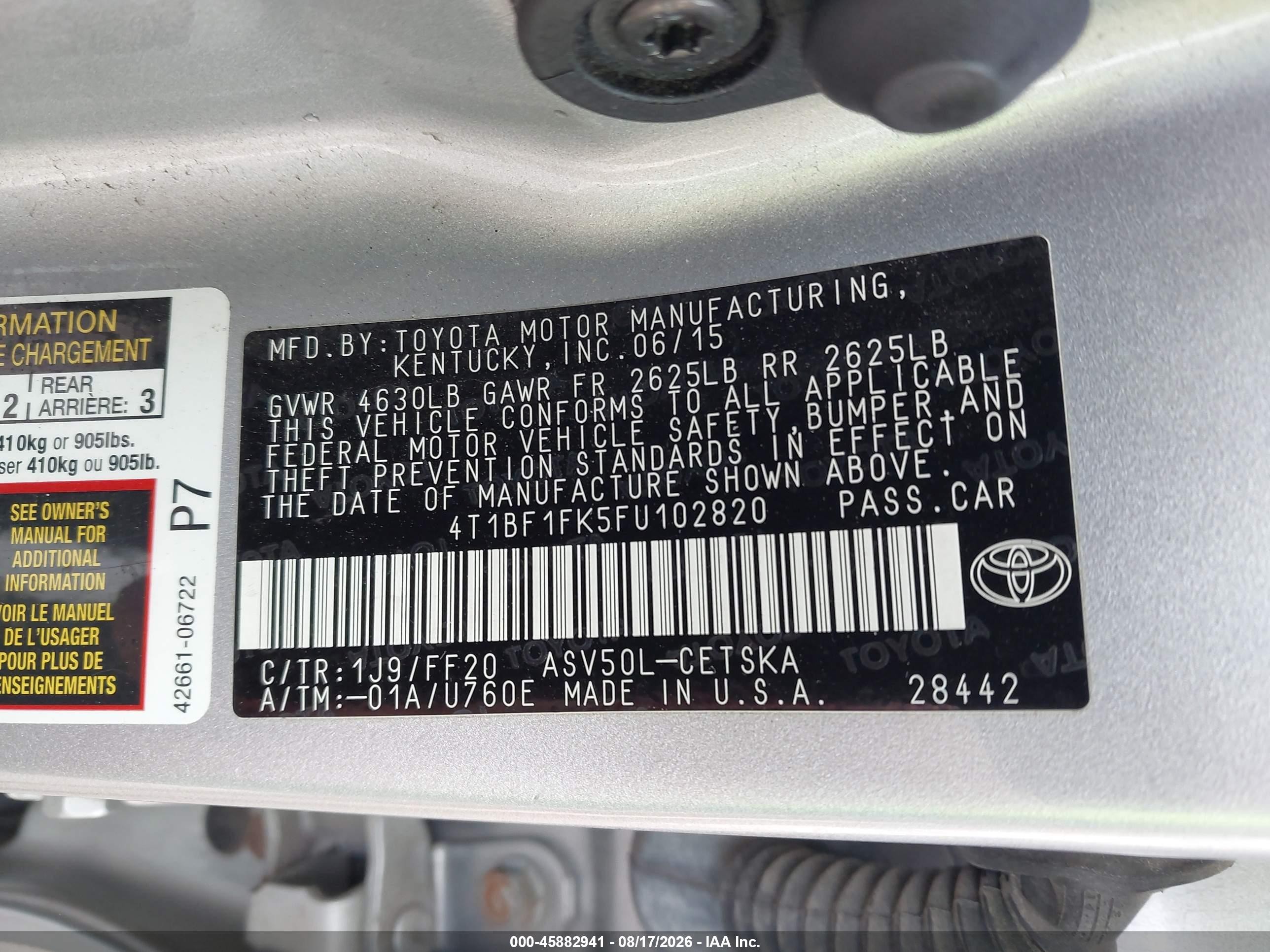 2015 Toyota Camry Se Silver vin: 4T1BF1FK5FU102820