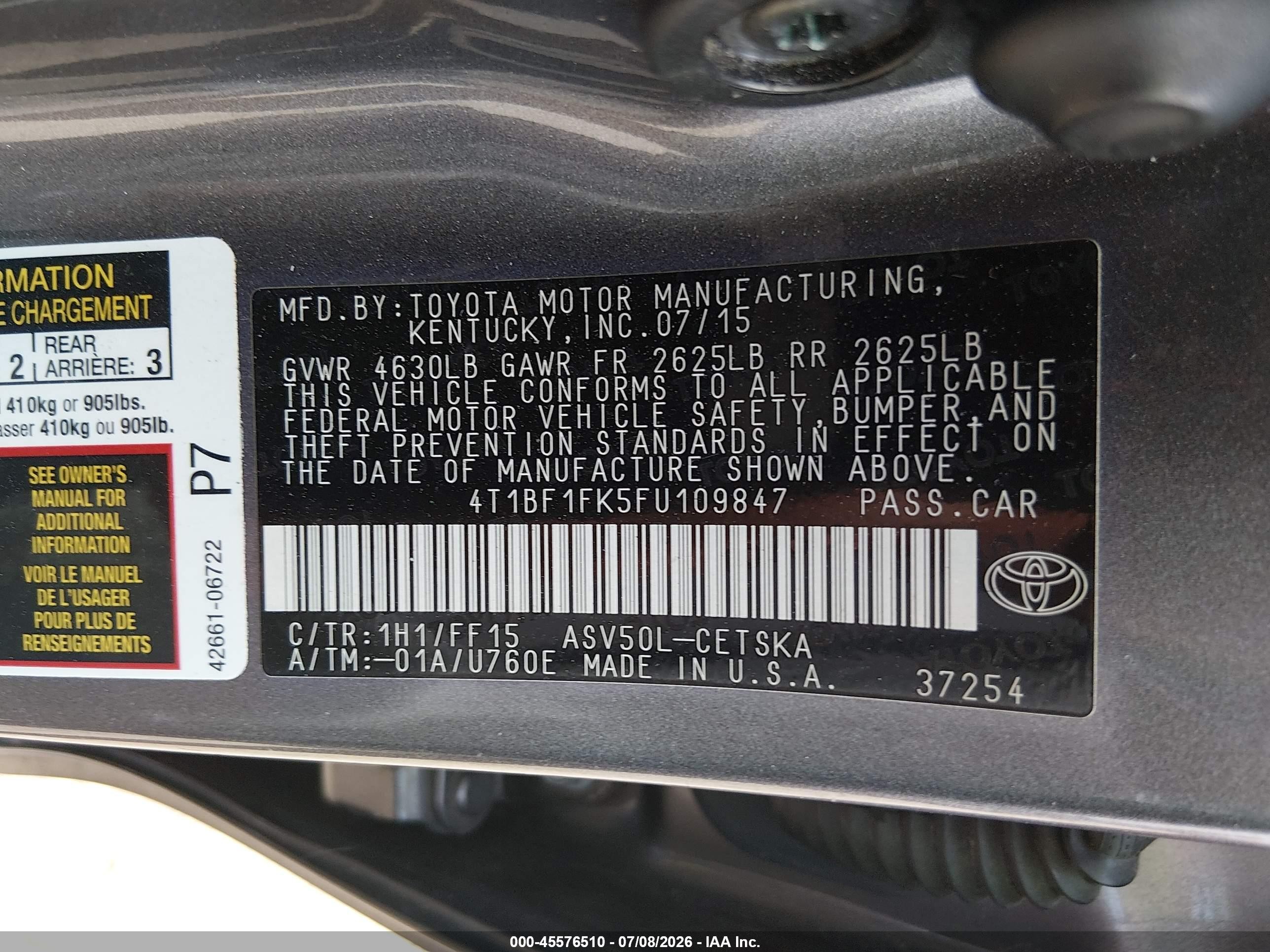 2015 Toyota Camry Se Gray vin: 4T1BF1FK5FU109847