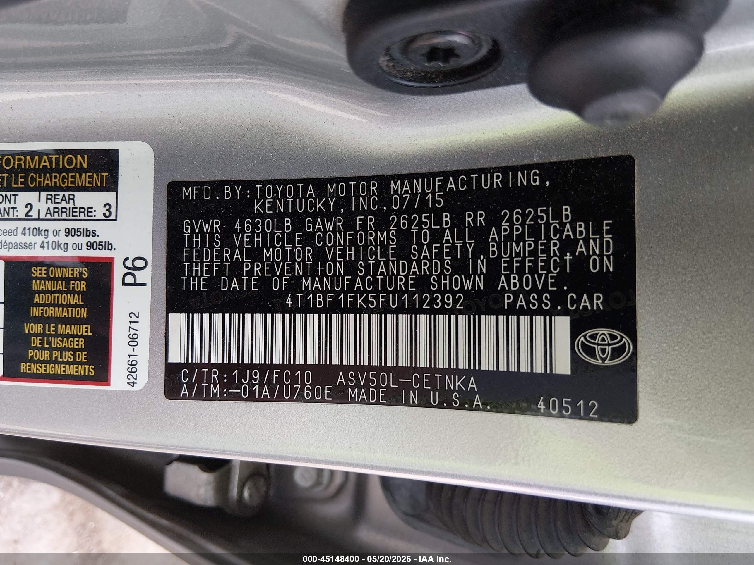 2015 Toyota Camry Le Silver vin: 4T1BF1FK5FU112392