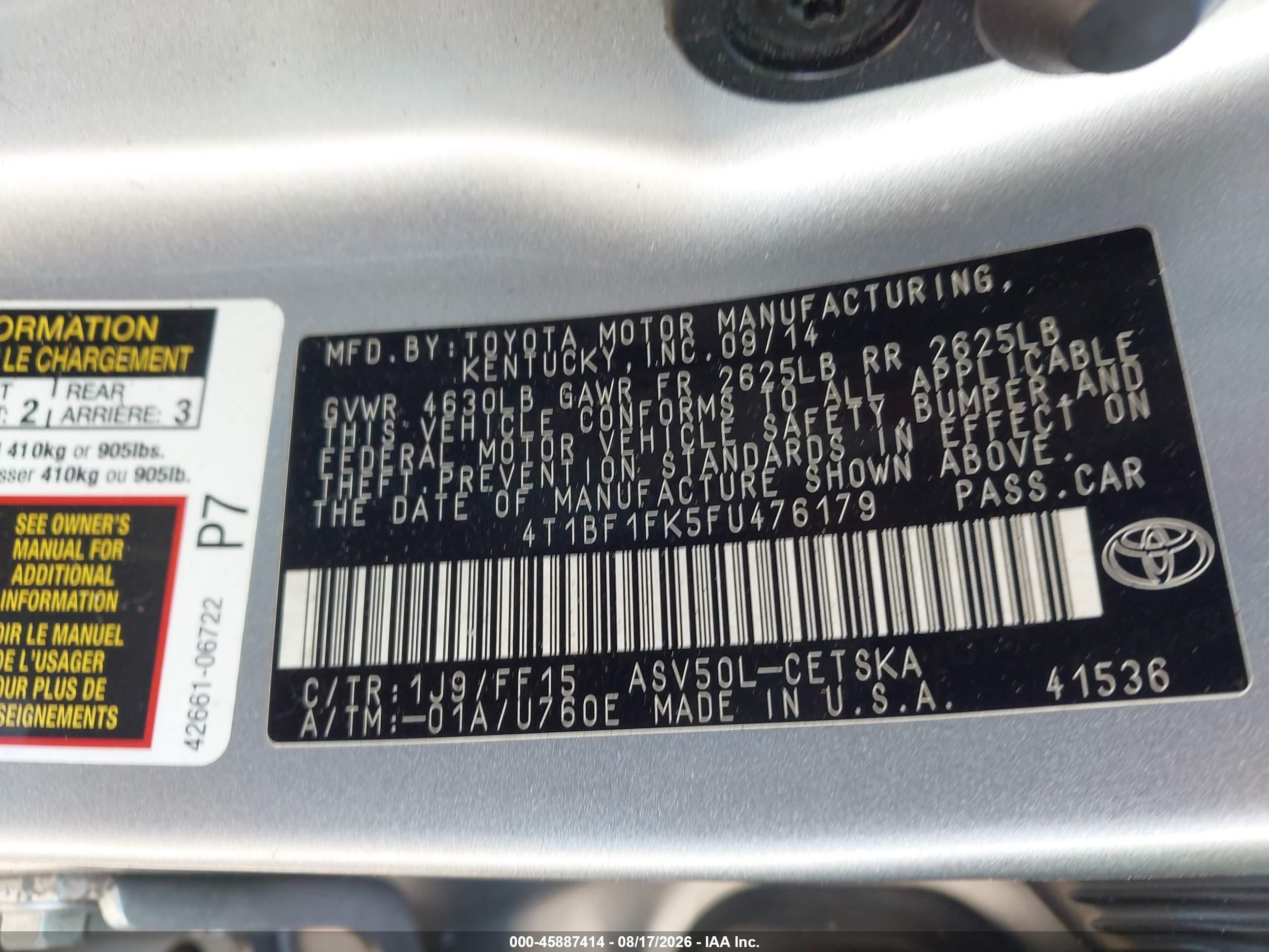 2015 Toyota Camry Se Silver vin: 4T1BF1FK5FU476179