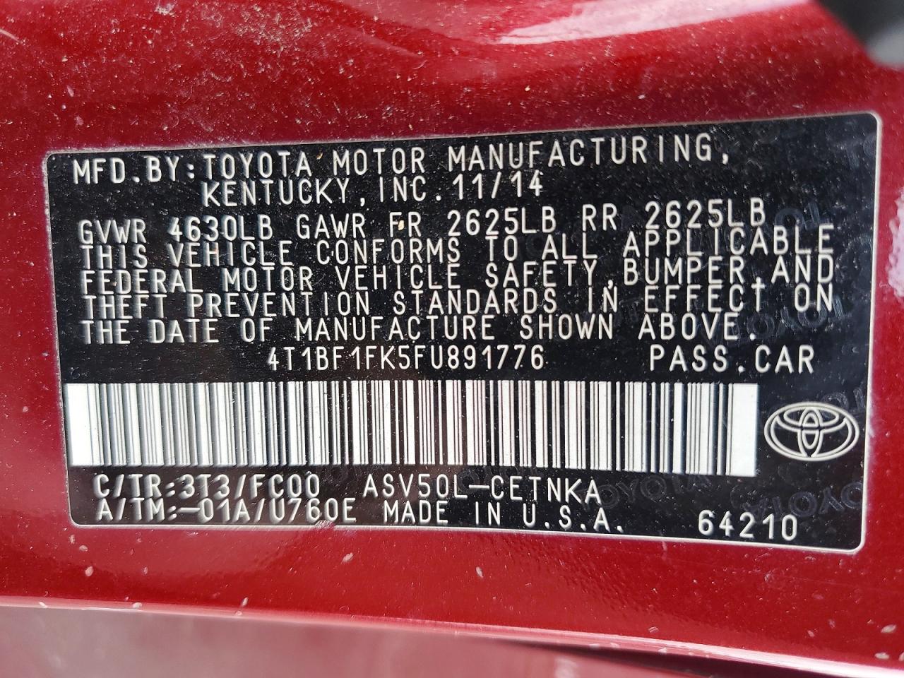 2015 Toyota Camry Le Maroon vin: 4T1BF1FK5FU891776