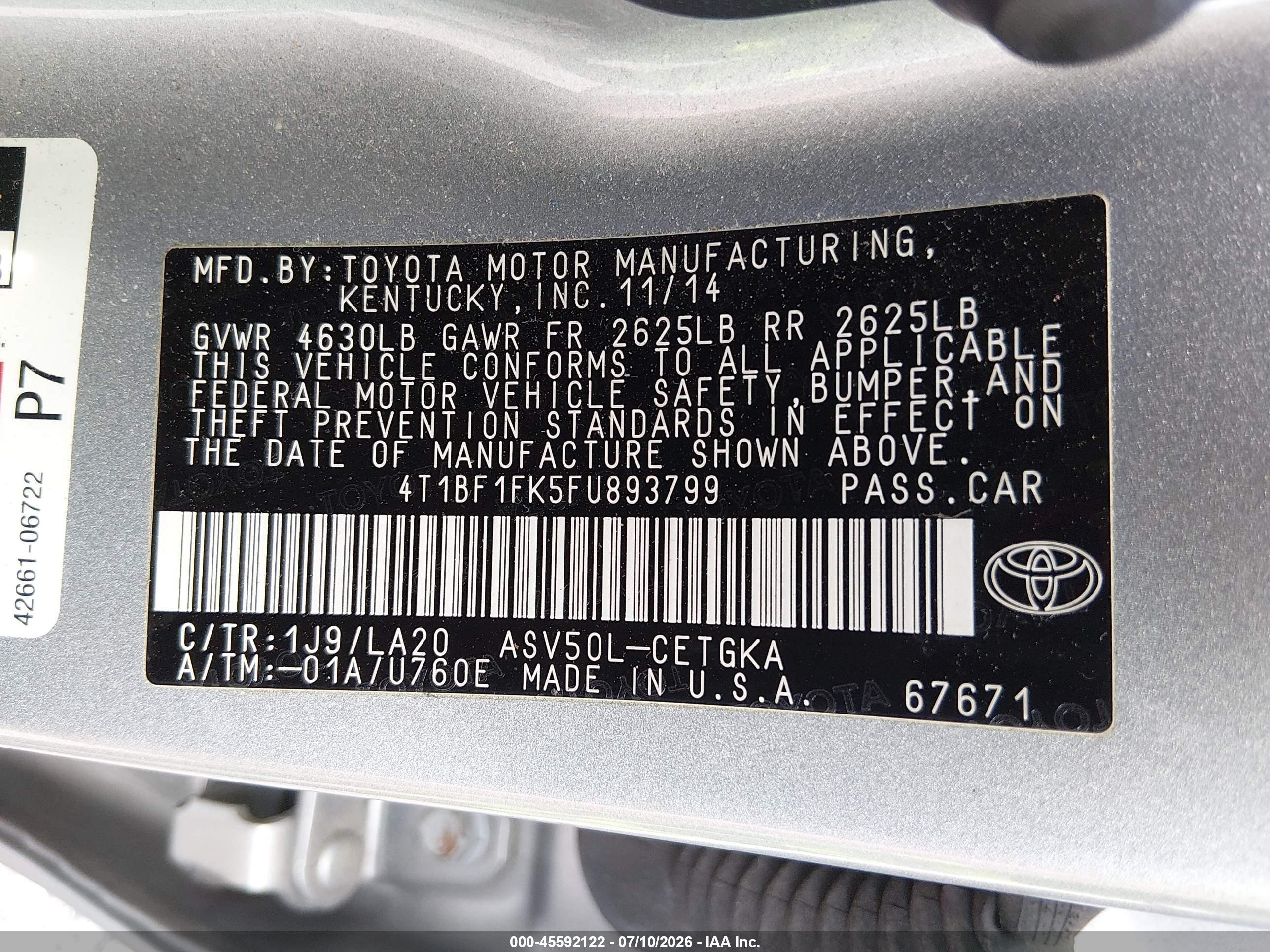 2015 Toyota Camry Xle Silver vin: 4T1BF1FK5FU893799