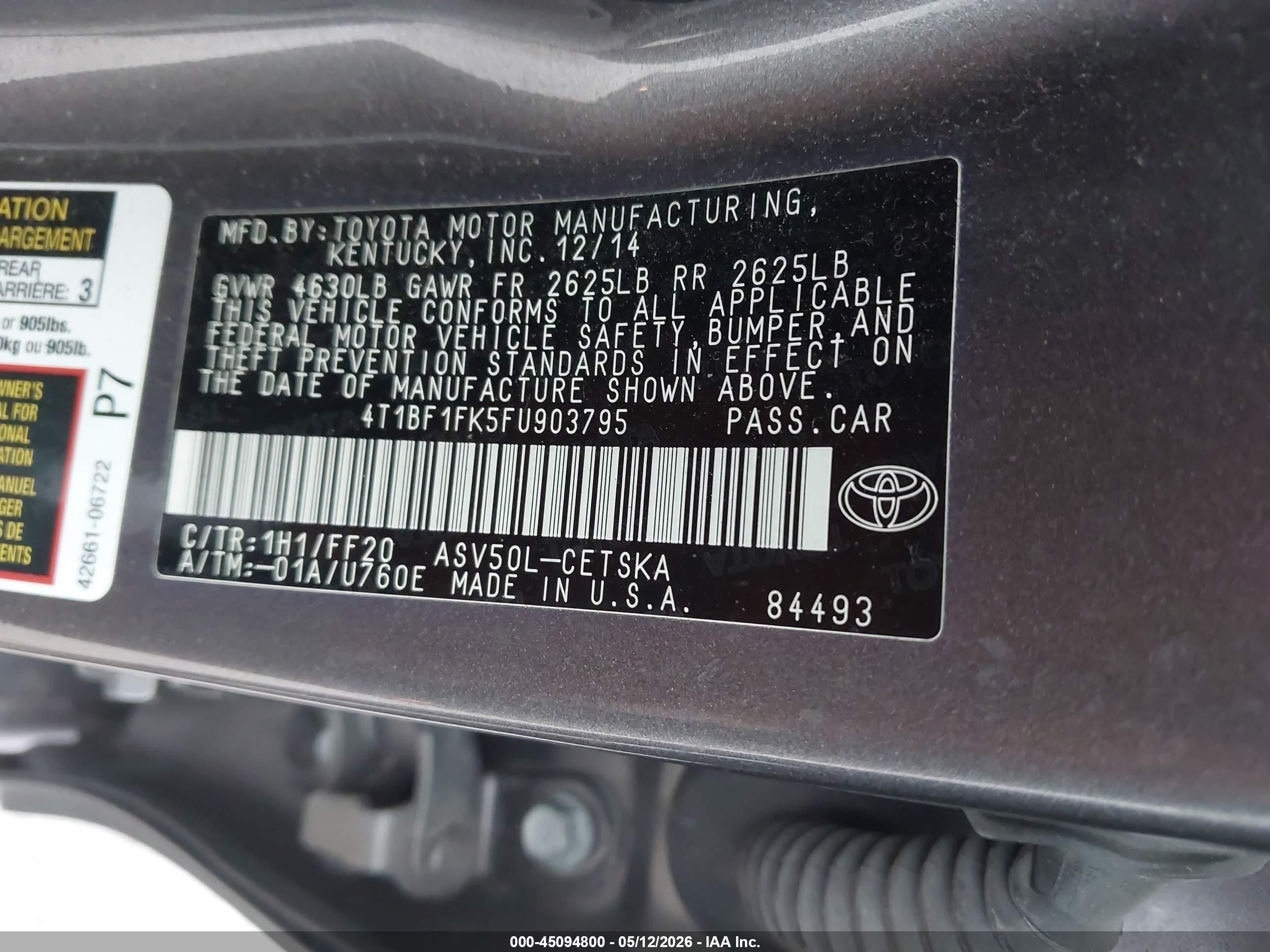 2015 Toyota Camry Se Gray vin: 4T1BF1FK5FU903795