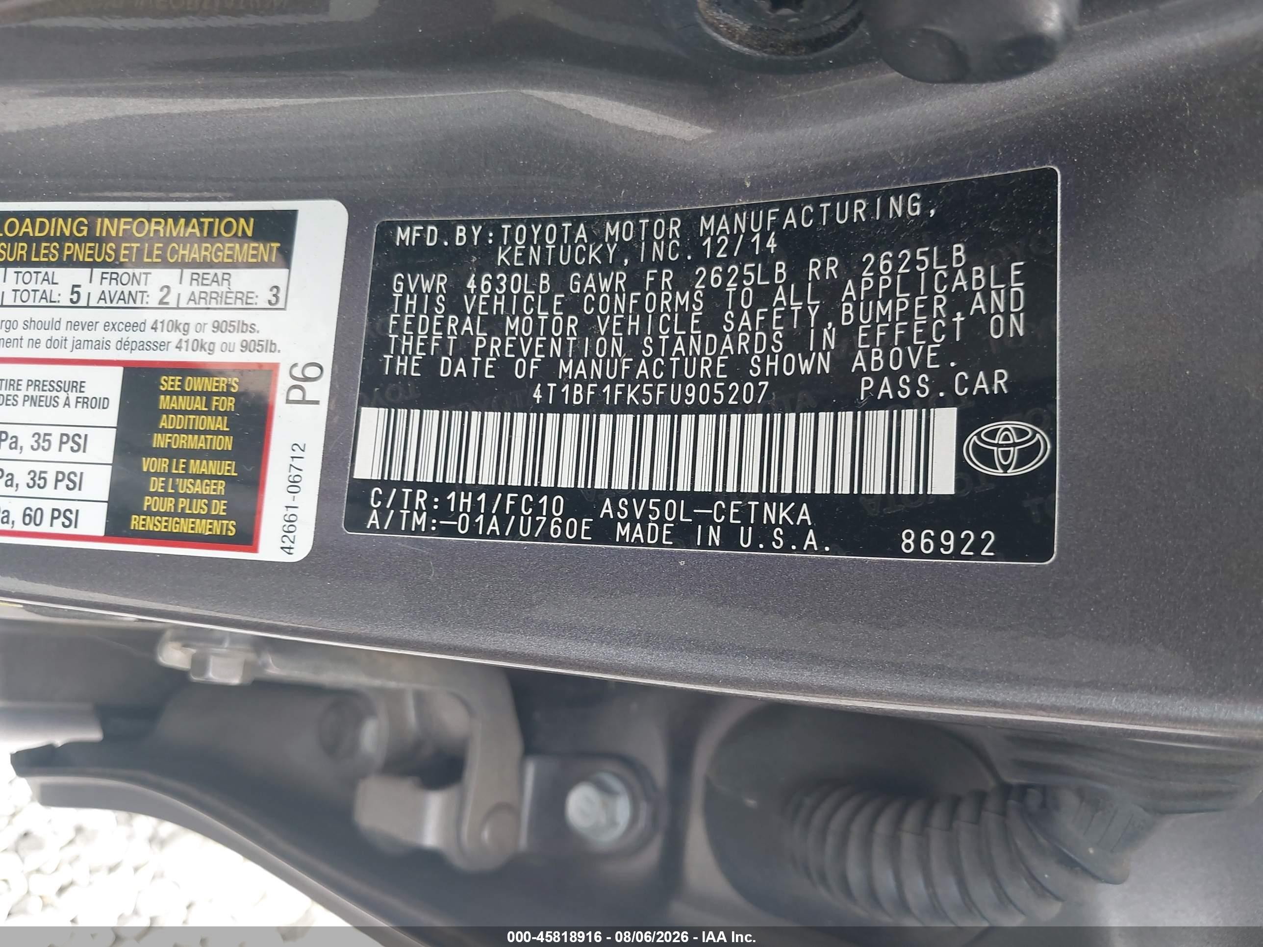 2015 Toyota Camry Le Gray vin: 4T1BF1FK5FU905207
