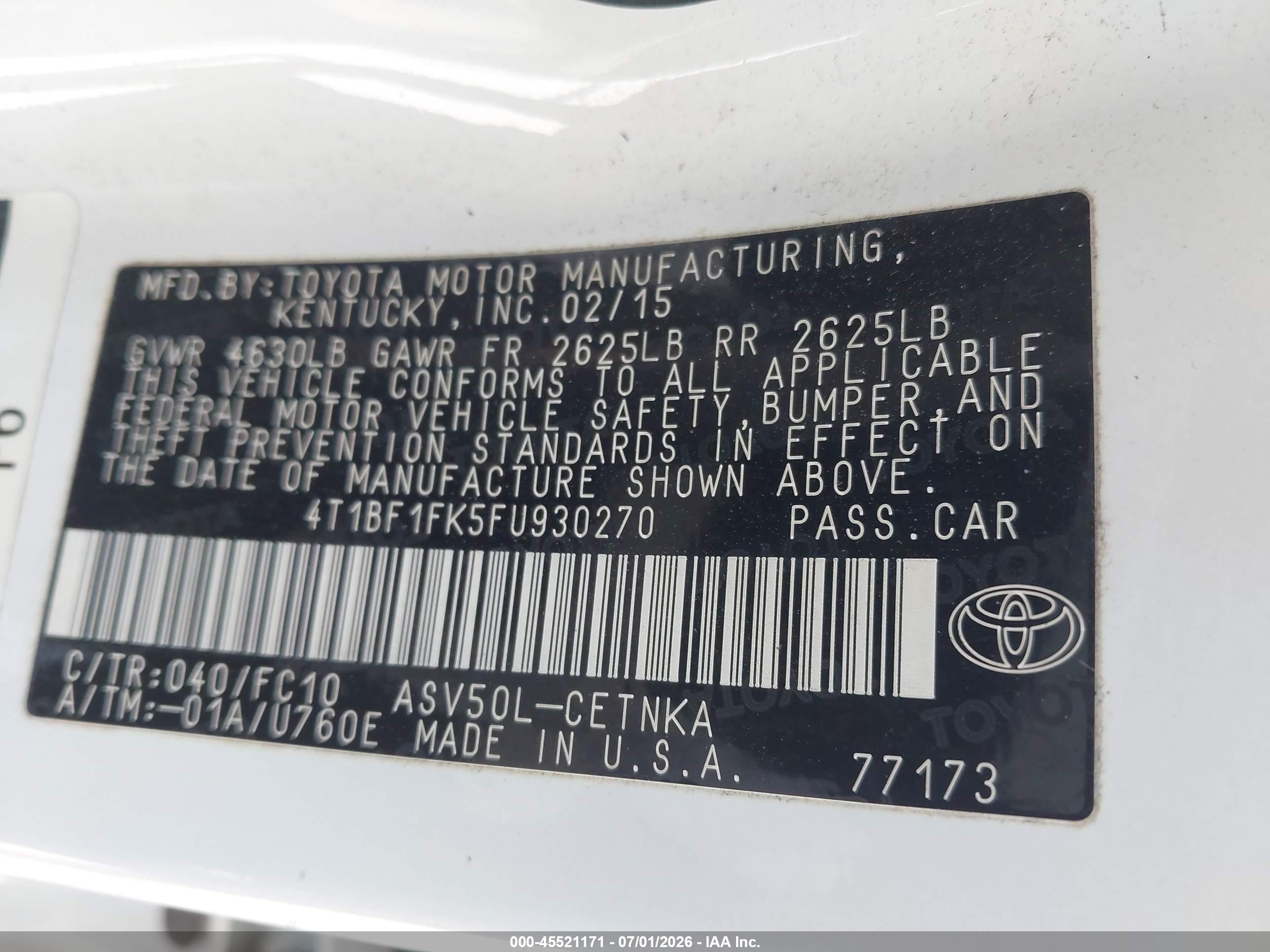 2015 Toyota Camry Le White vin: 4T1BF1FK5FU930270
