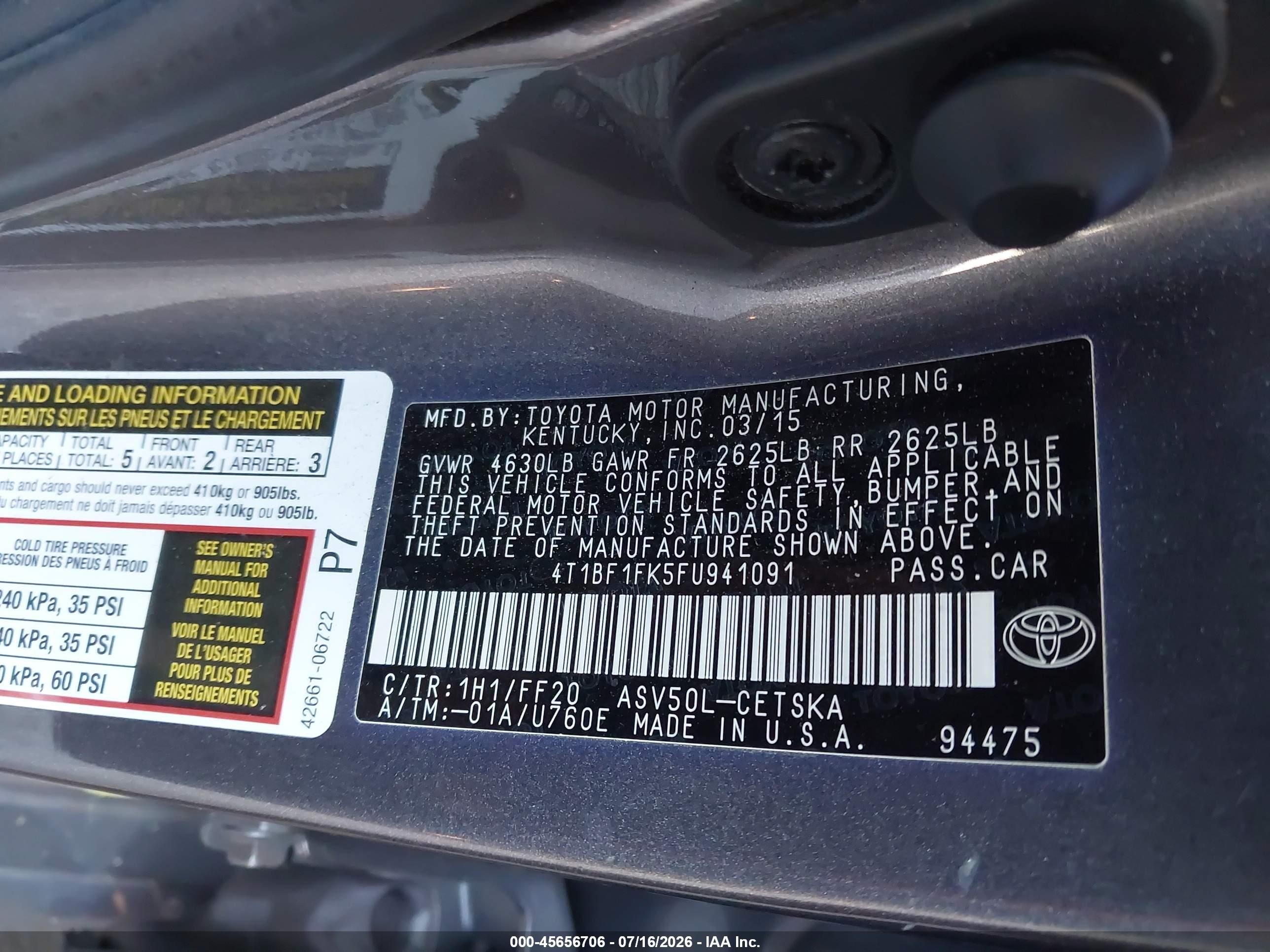 2015 Toyota Camry Se Серый vin: 4T1BF1FK5FU941091