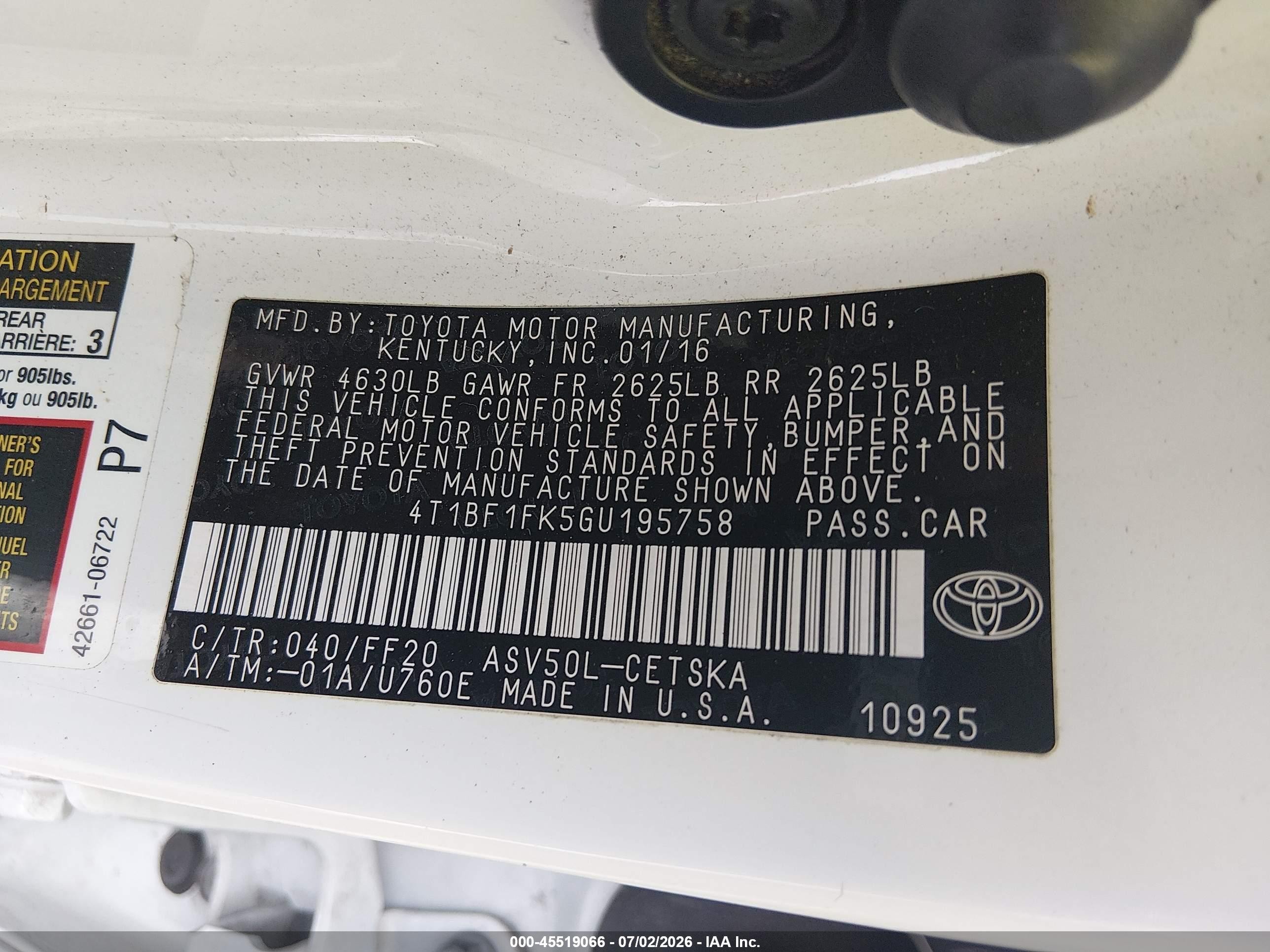 2016 Toyota Camry Se White vin: 4T1BF1FK5GU195758