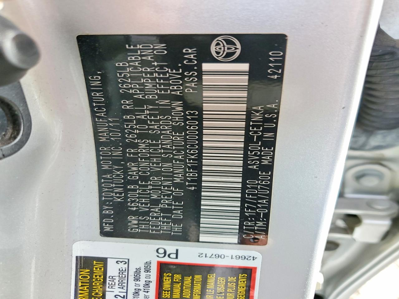2012 Toyota Camry Le Silver vin: 4T1BF1FK6CU006013