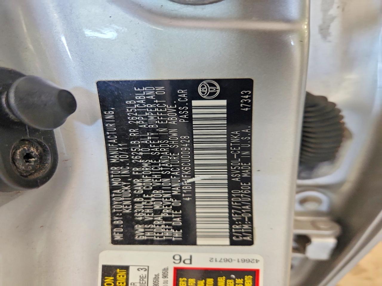 2012 Toyota Camry Le Silver vin: 4T1BF1FK6CU009428
