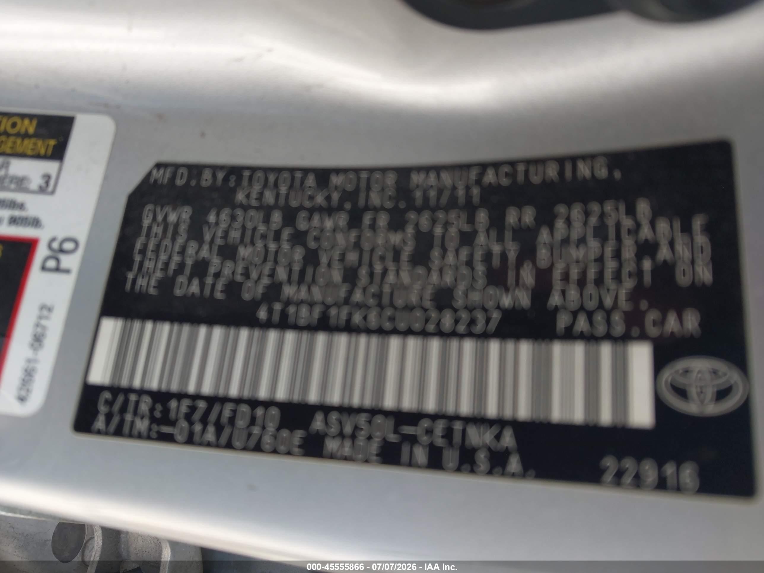 2012 Toyota Camry Le Silver vin: 4T1BF1FK6CU028237