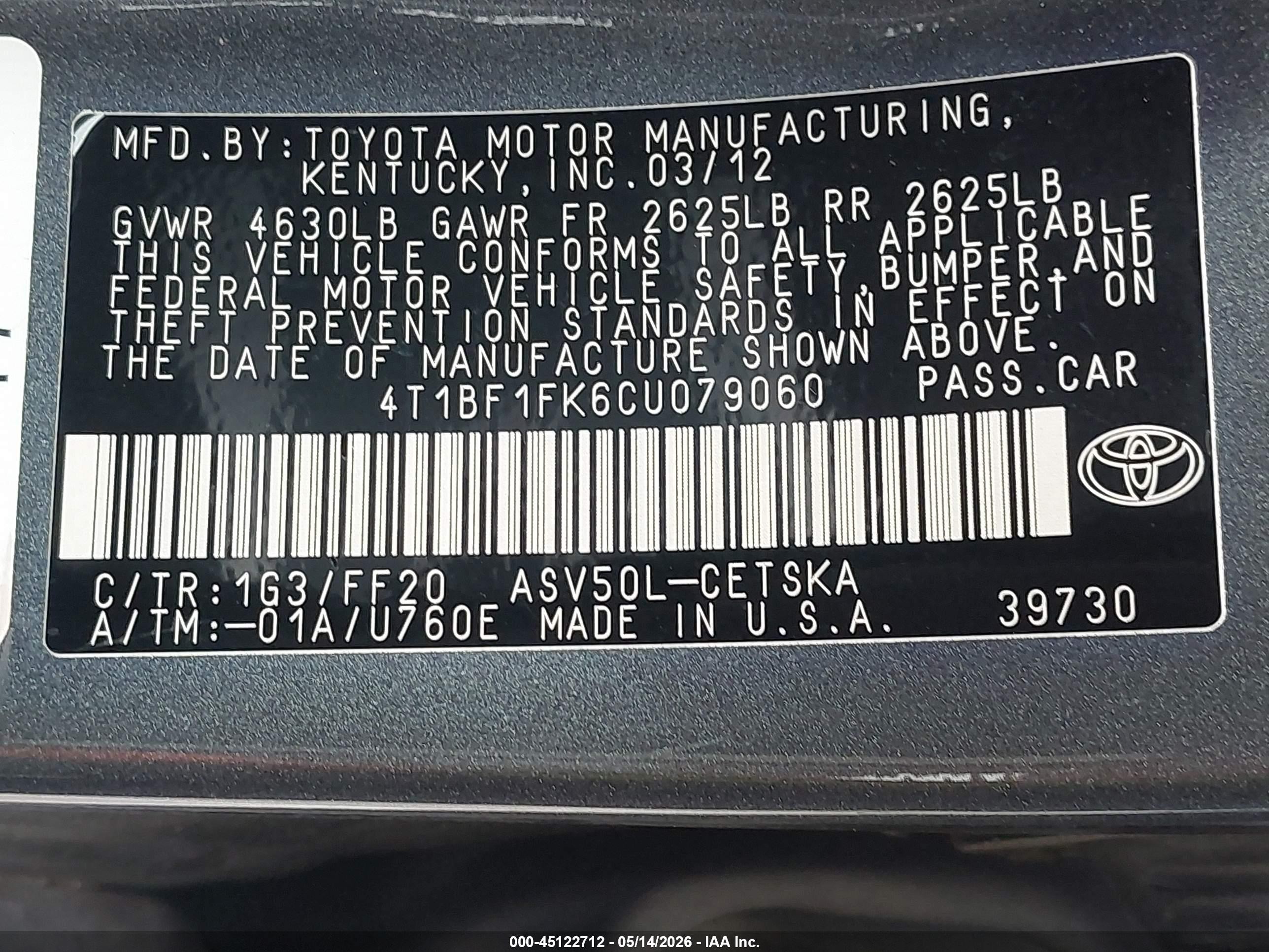 2012 Toyota Camry Se Gray vin: 4T1BF1FK6CU079060