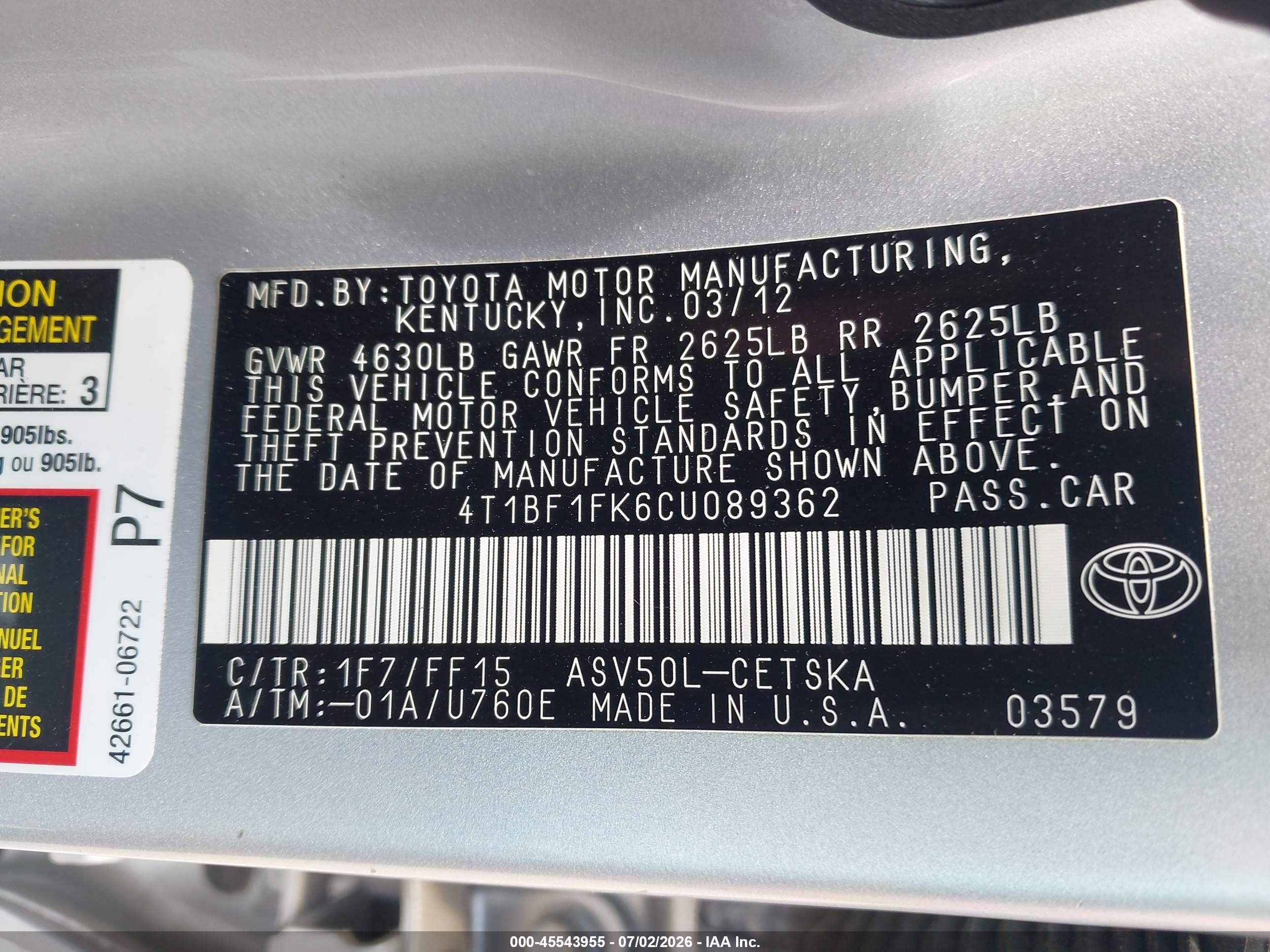 2012 Toyota Camry Se Серебряный vin: 4T1BF1FK6CU089362