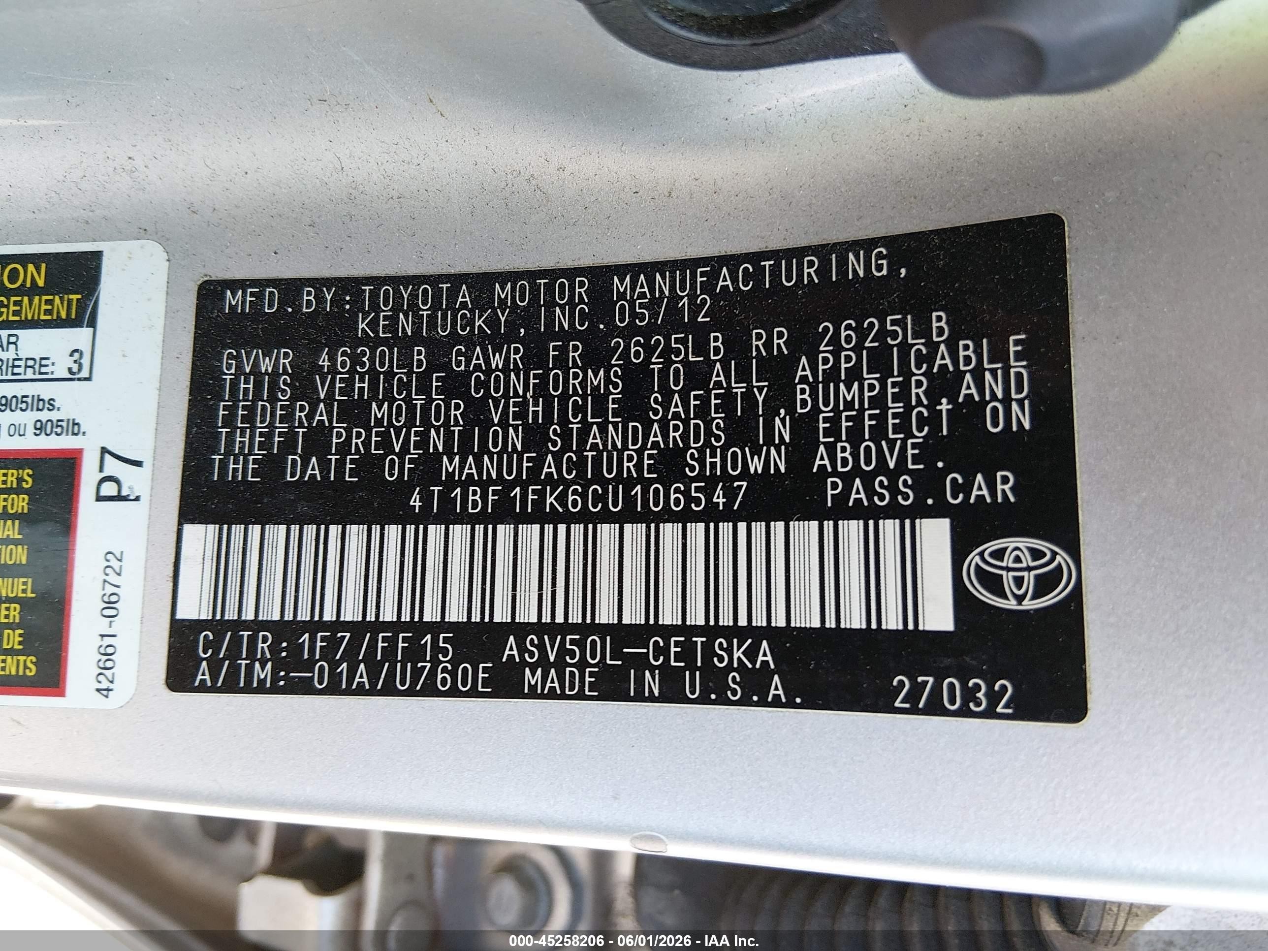 2012 Toyota Camry Se Серебряный vin: 4T1BF1FK6CU106547
