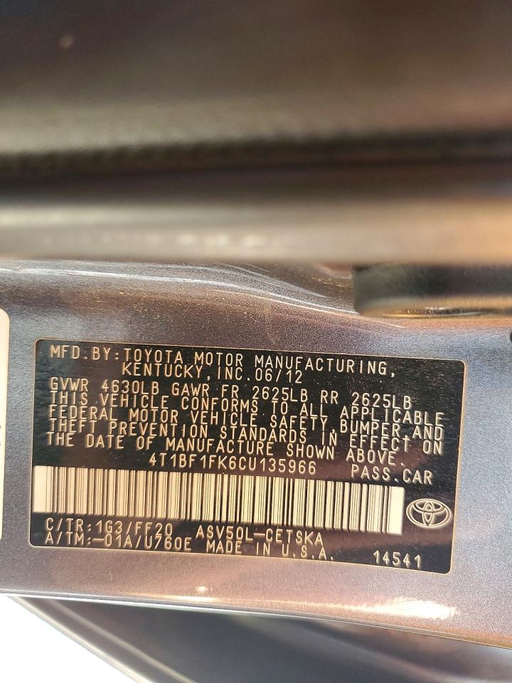 2012 Toyota Camry Se Серый vin: 4T1BF1FK6CU135966