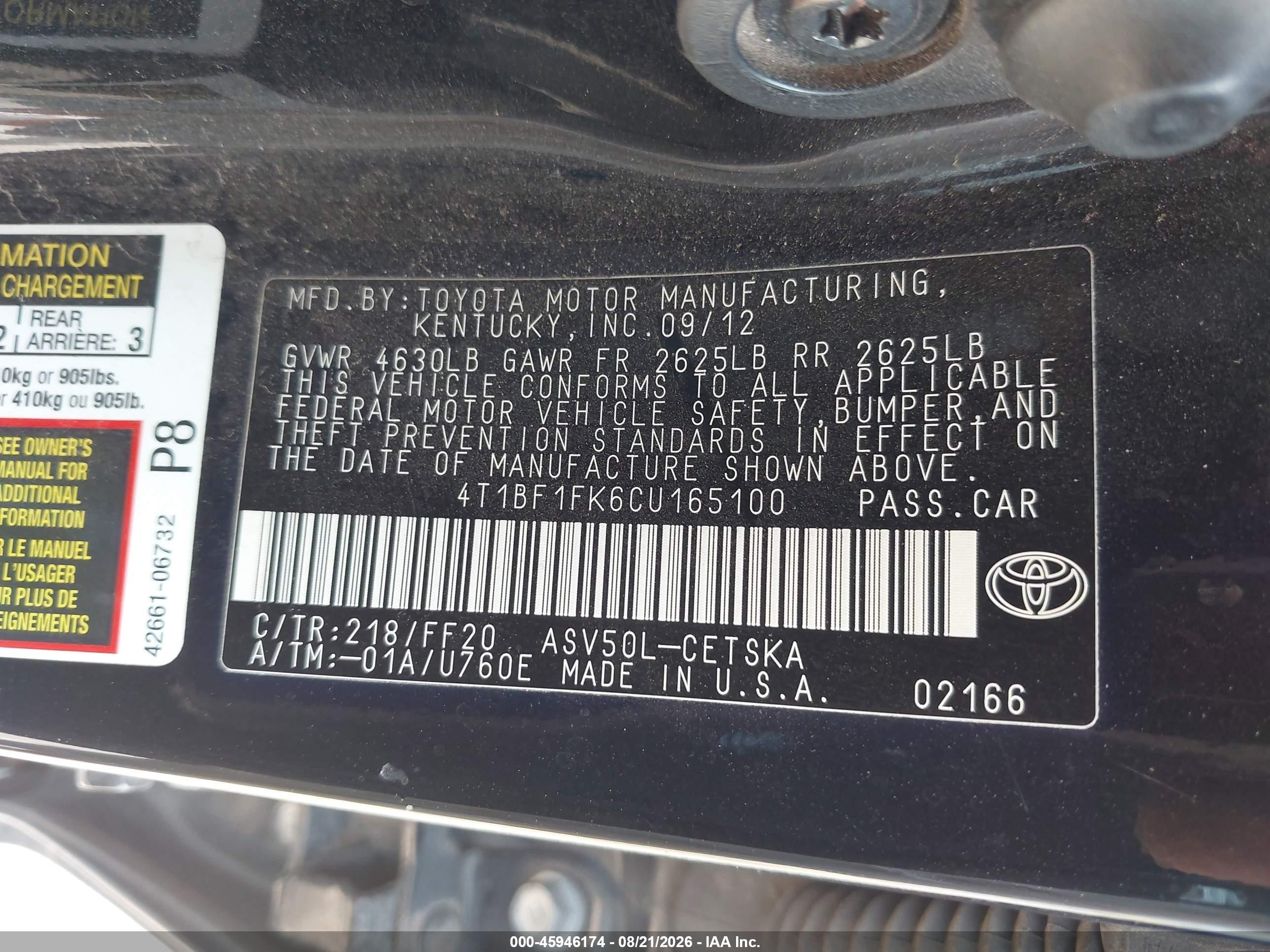 2012 Toyota Camry Se Limited Edition Black vin: 4T1BF1FK6CU165100