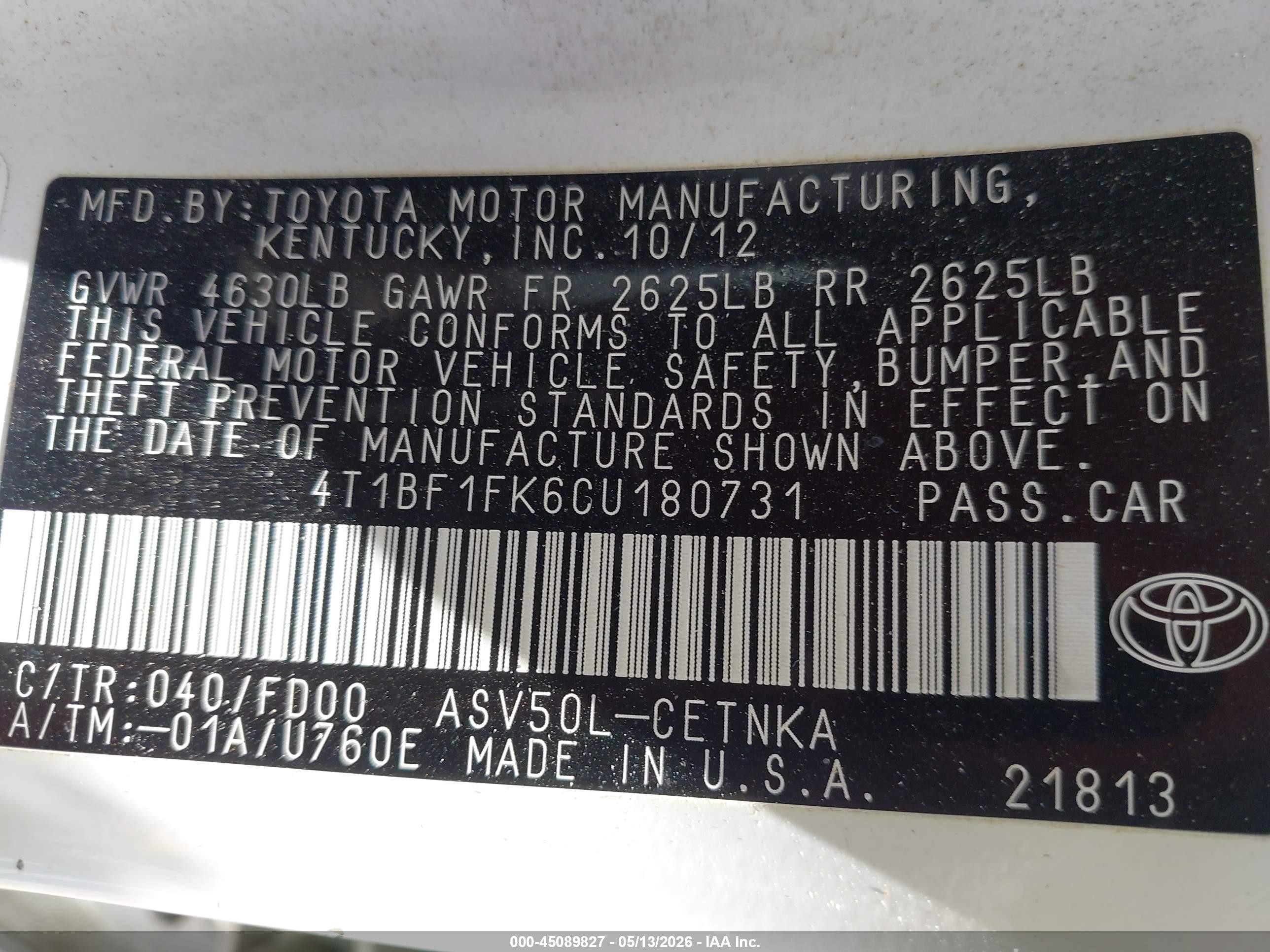 2012 Toyota Camry Le White vin: 4T1BF1FK6CU180731