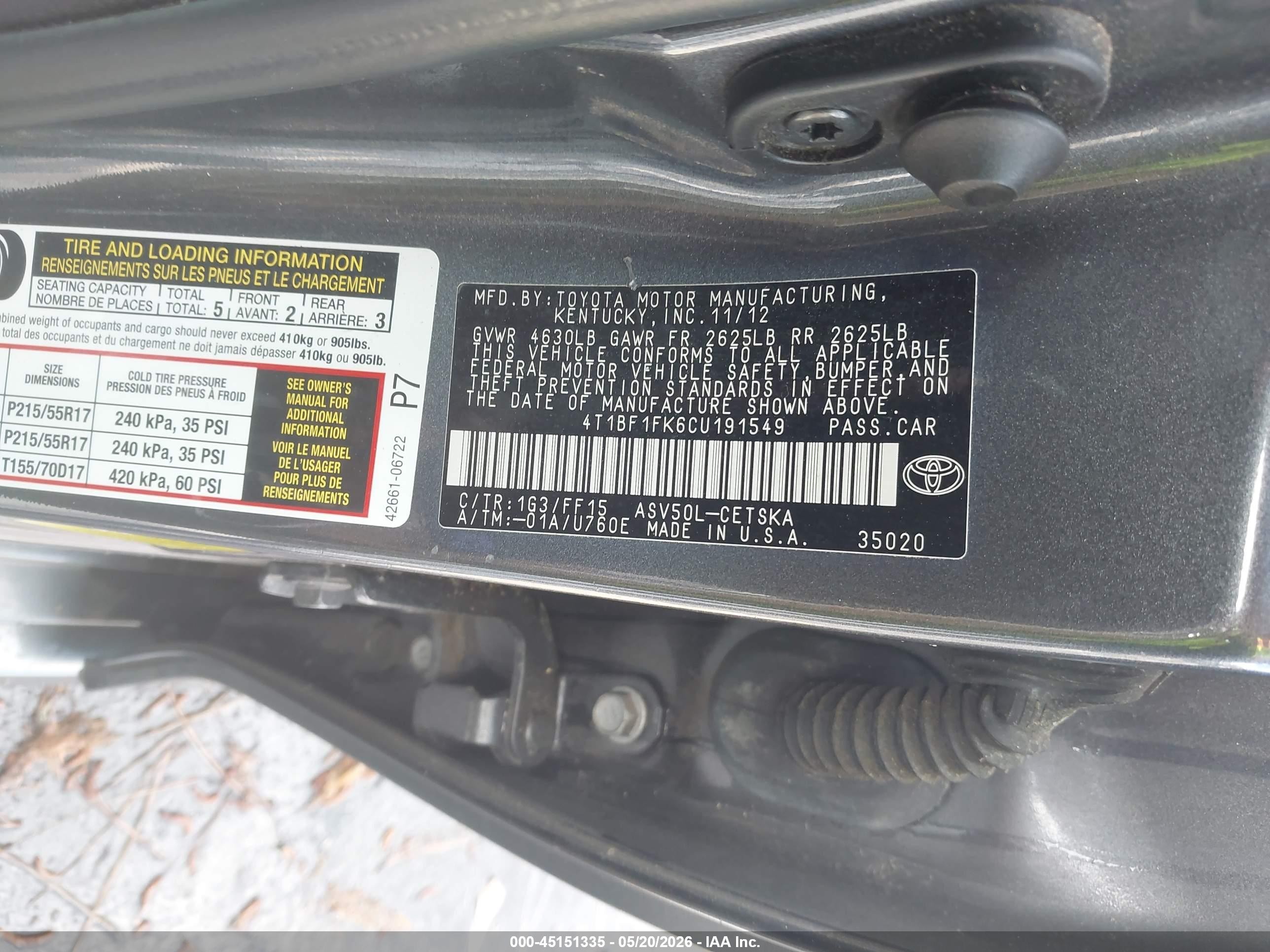 2012 Toyota Camry Se Gray vin: 4T1BF1FK6CU191549