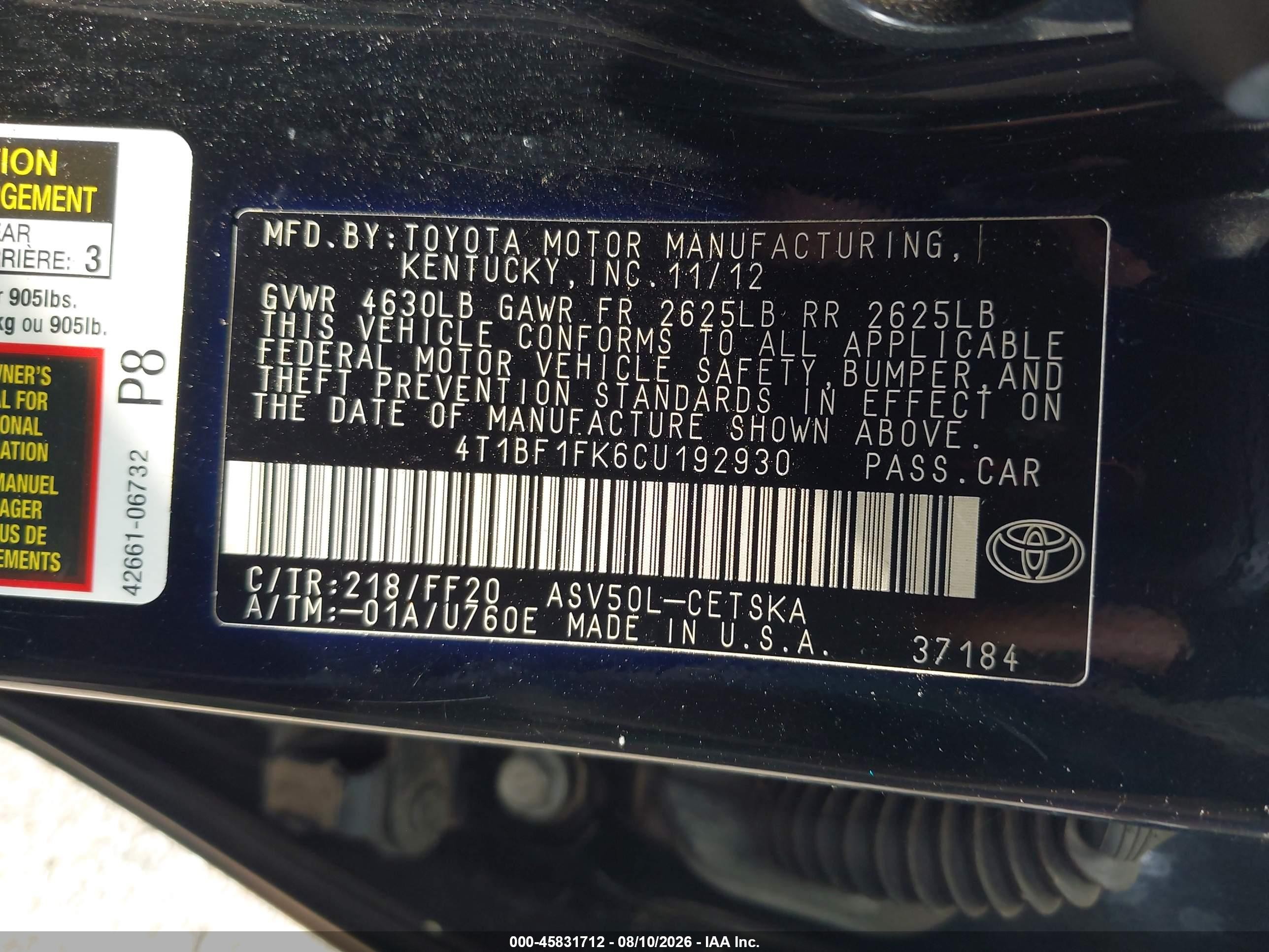 2012 Toyota Camry Se Limited Edition Черный vin: 4T1BF1FK6CU192930