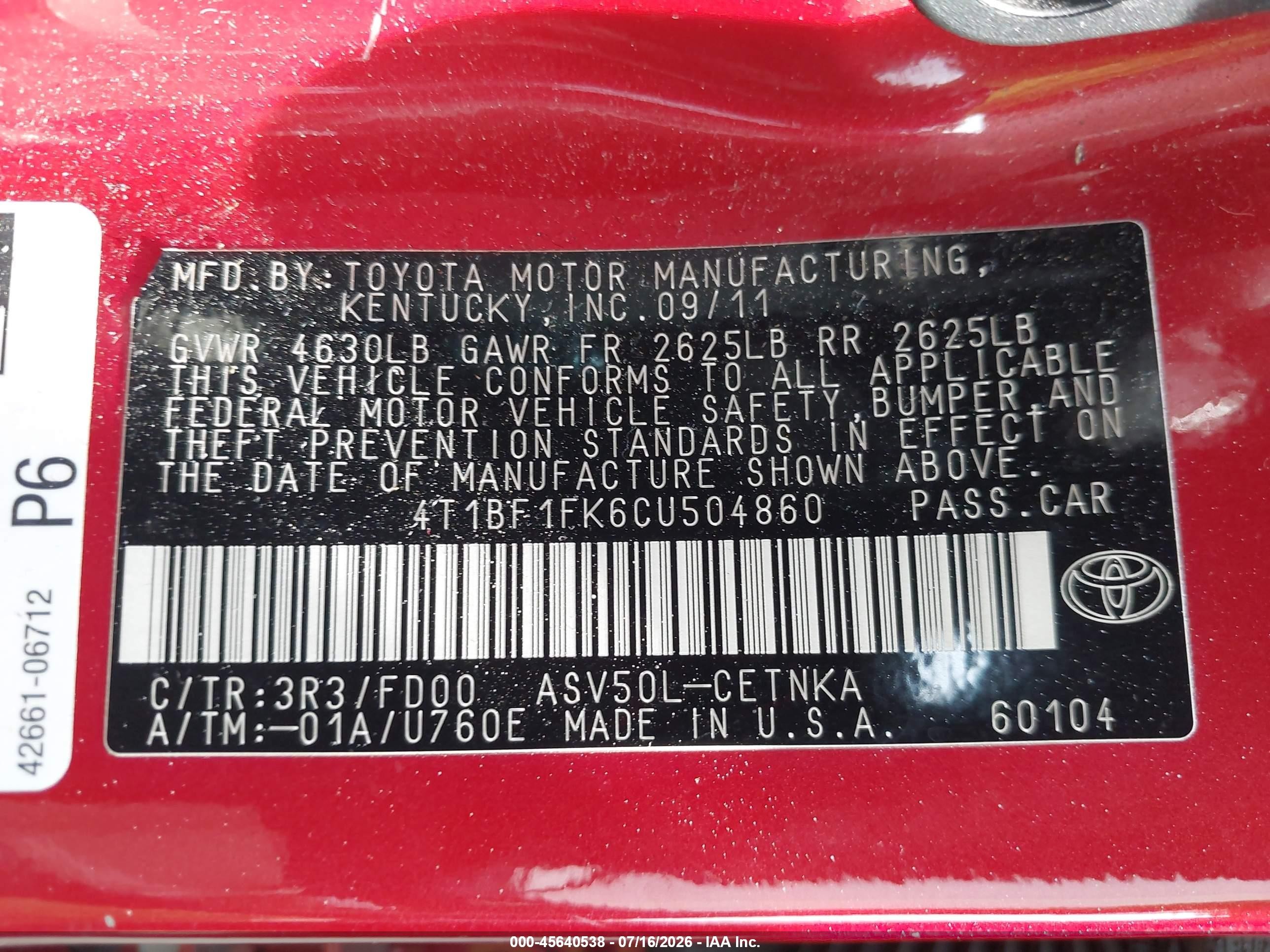 2012 Toyota Camry Le Red vin: 4T1BF1FK6CU504860