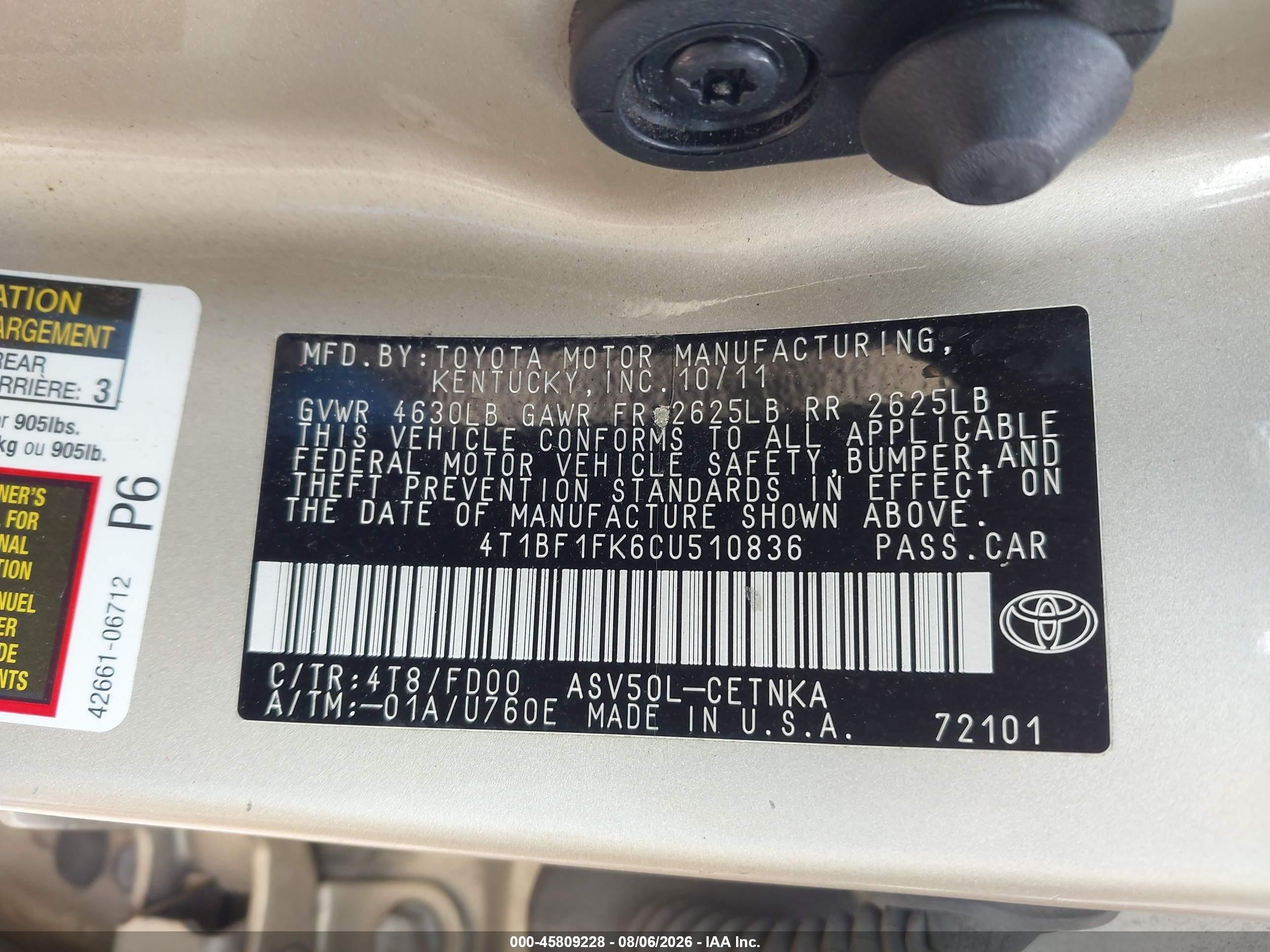 2012 Toyota Camry Le Золотой vin: 4T1BF1FK6CU510836