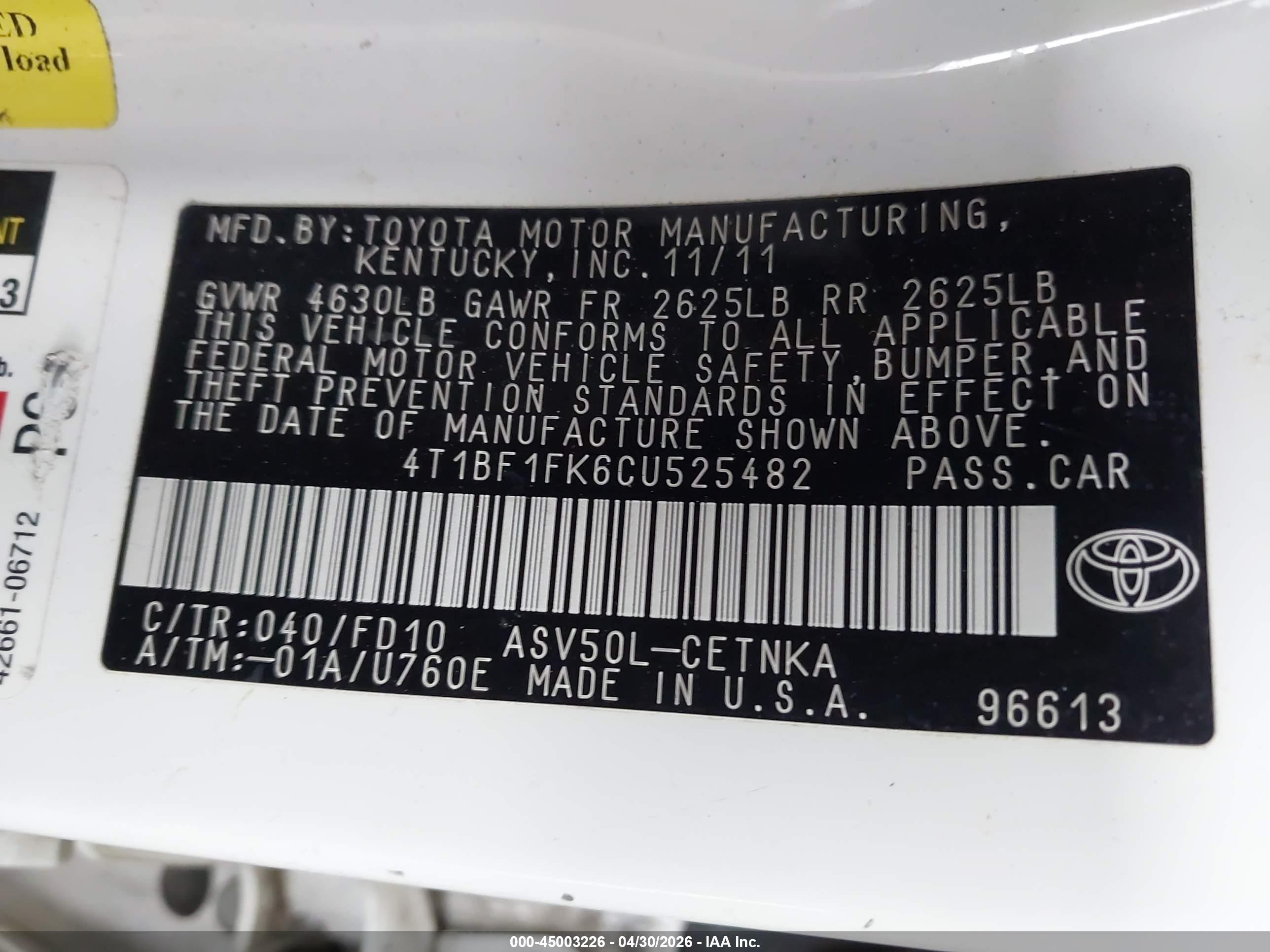 2012 Toyota Camry L/le/se/se Limited Edition/xle Белый vin: 4T1BF1FK6CU525482