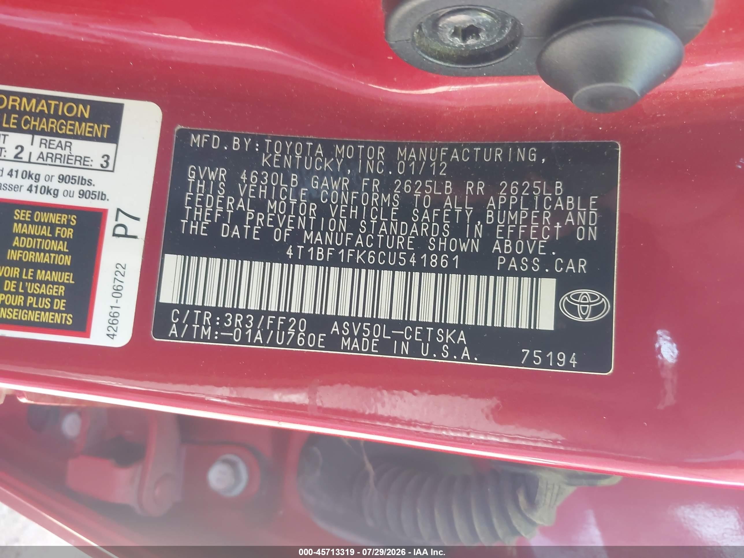2012 Toyota Camry Se Red vin: 4T1BF1FK6CU541861