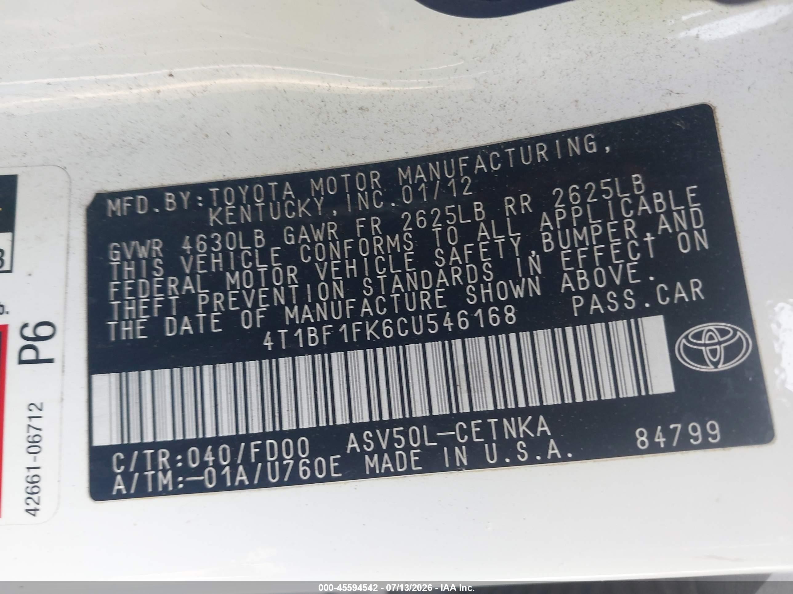 2012 Toyota Camry Le White vin: 4T1BF1FK6CU546168