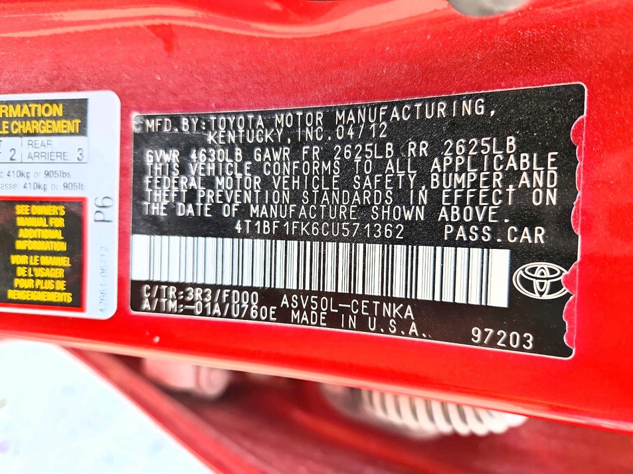 2012 Toyota Camry Le Red vin: 4T1BF1FK6CU571362