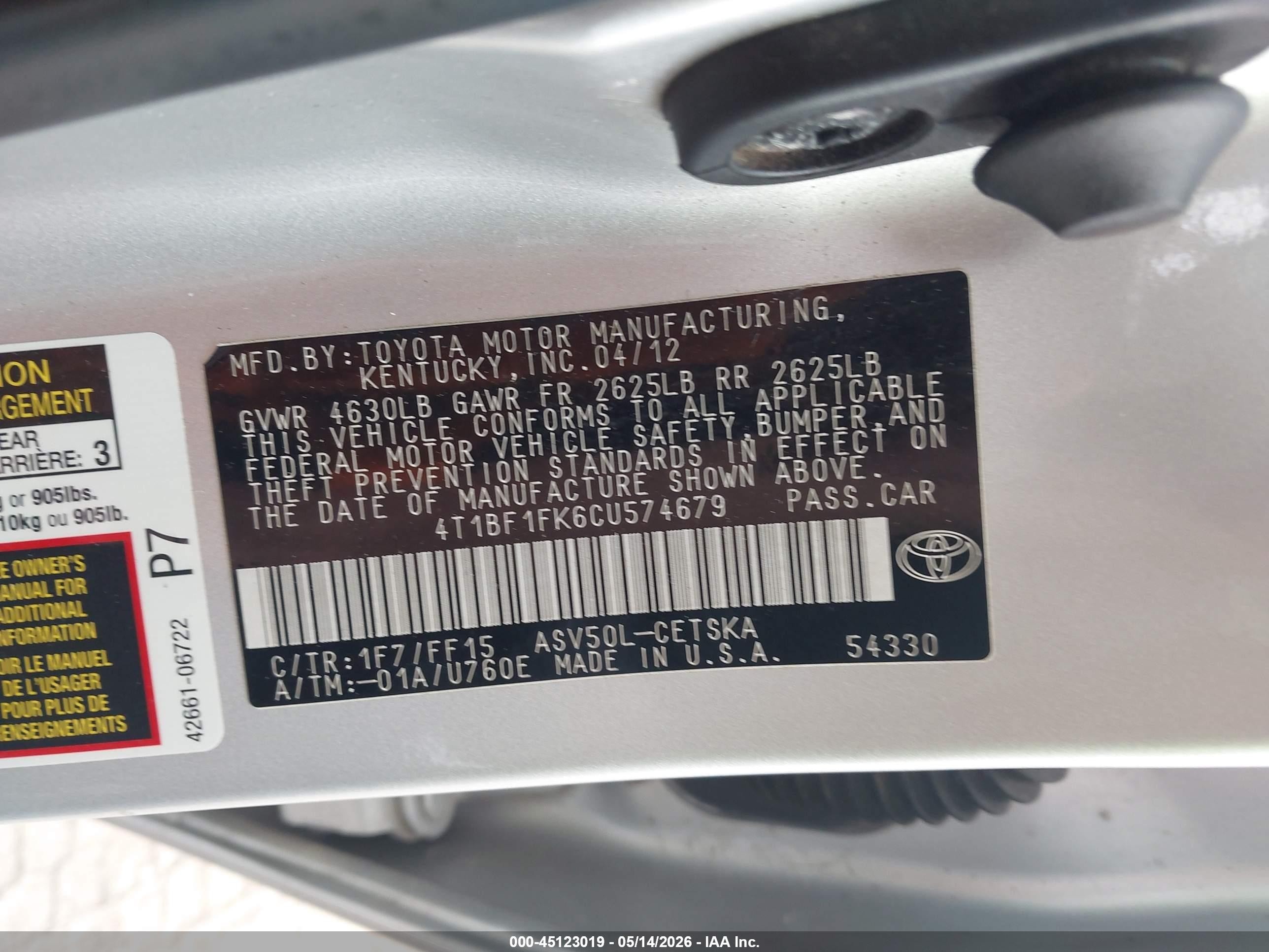 2012 Toyota Camry Se Серебряный vin: 4T1BF1FK6CU574679
