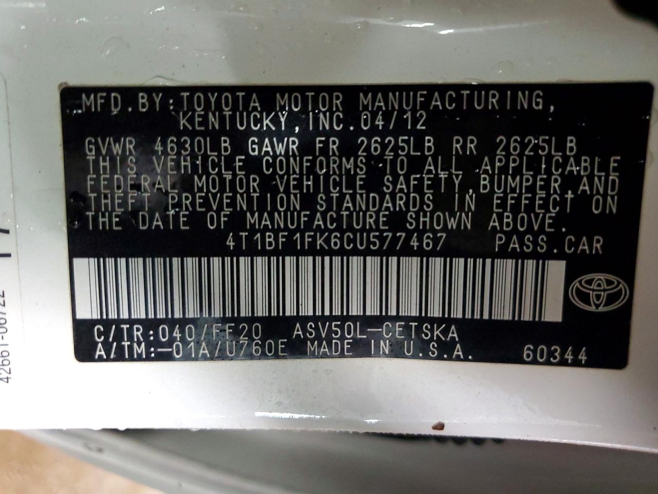 2012 Toyota Camry Se White vin: 4T1BF1FK6CU577467