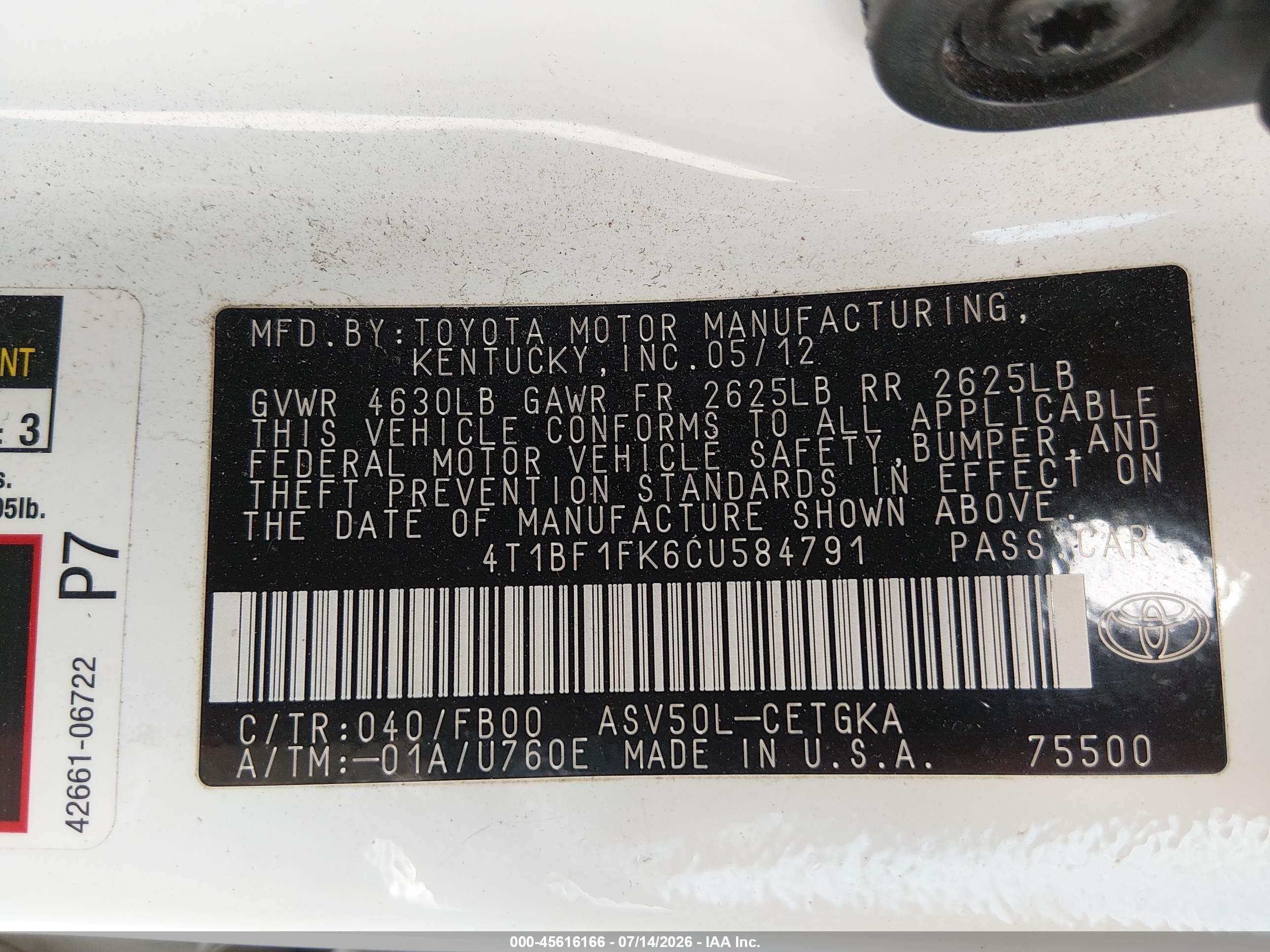 2012 Toyota Camry Xle White vin: 4T1BF1FK6CU584791