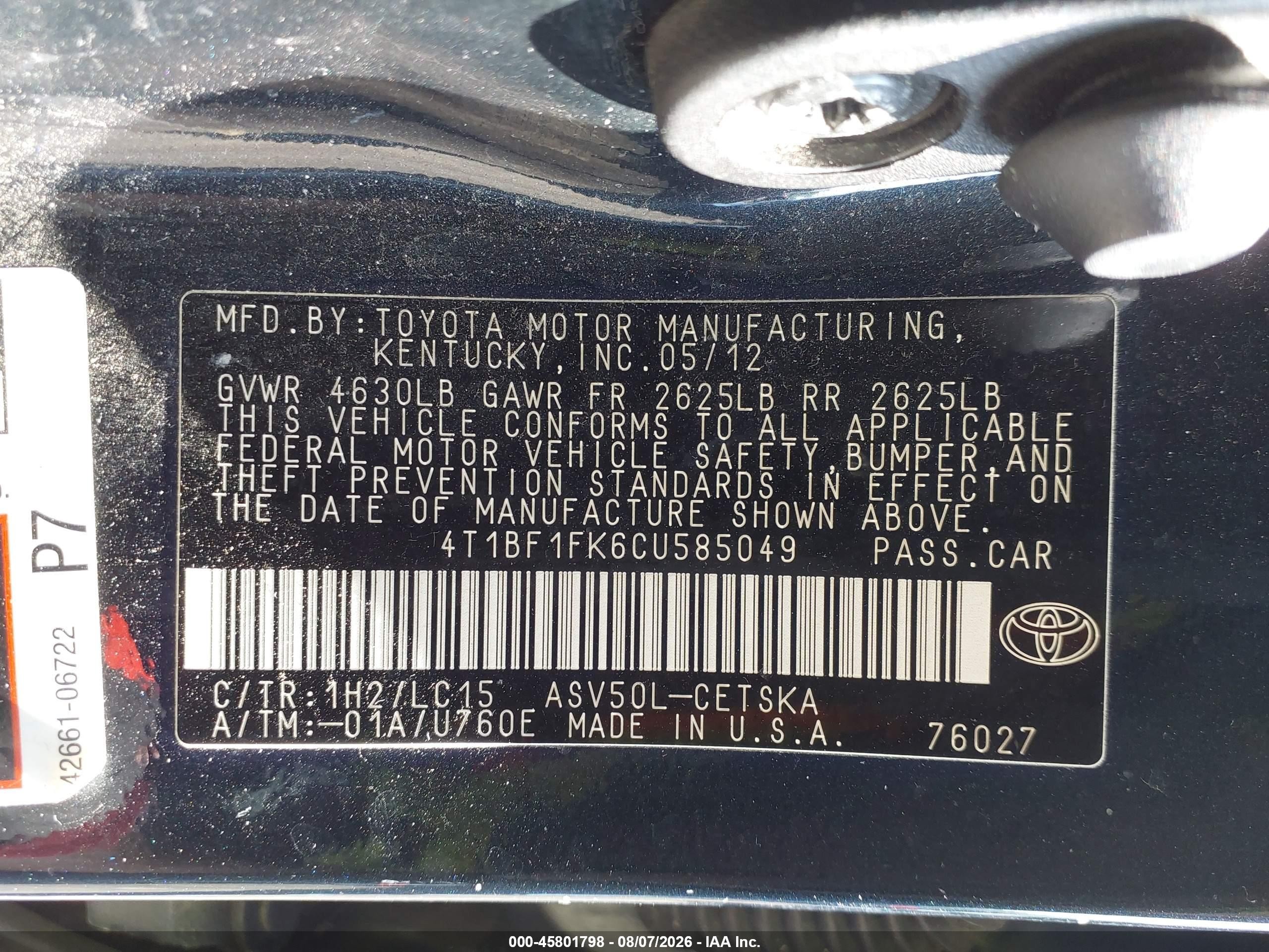 2012 Toyota Camry Se Black vin: 4T1BF1FK6CU585049
