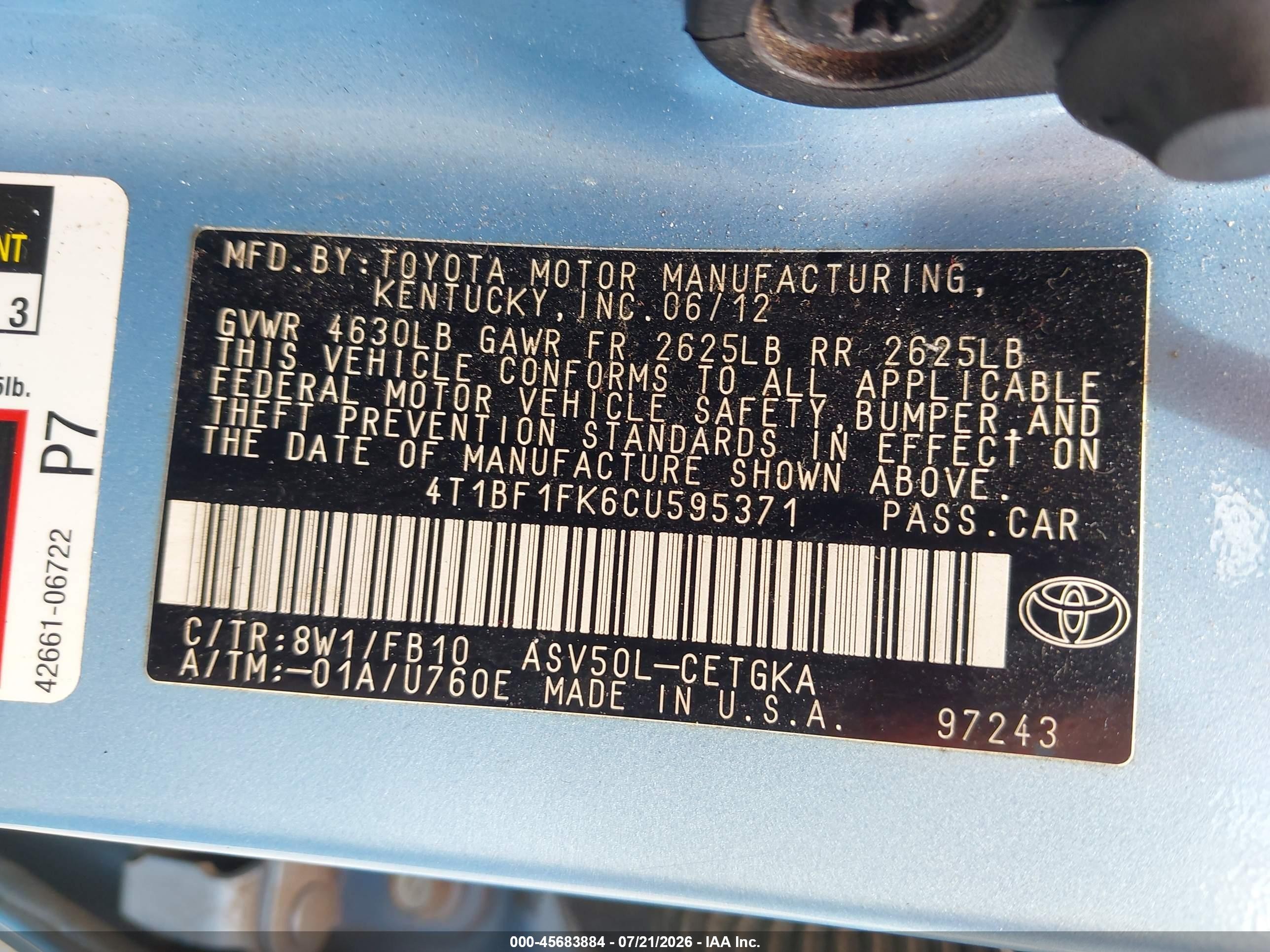2012 Toyota Camry Xle Light Blue vin: 4T1BF1FK6CU595371