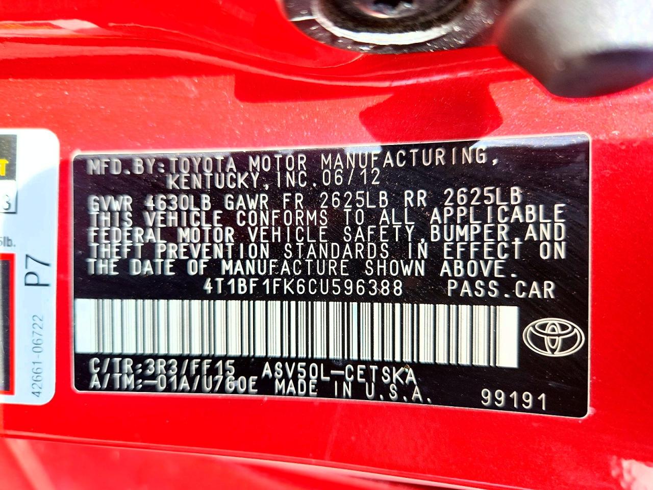 2012 Toyota Camry L Red vin: 4T1BF1FK6CU596388