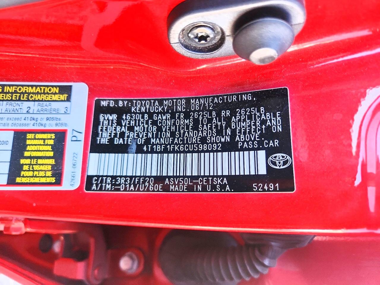 2012 Toyota Camry Se Red vin: 4T1BF1FK6CU598092