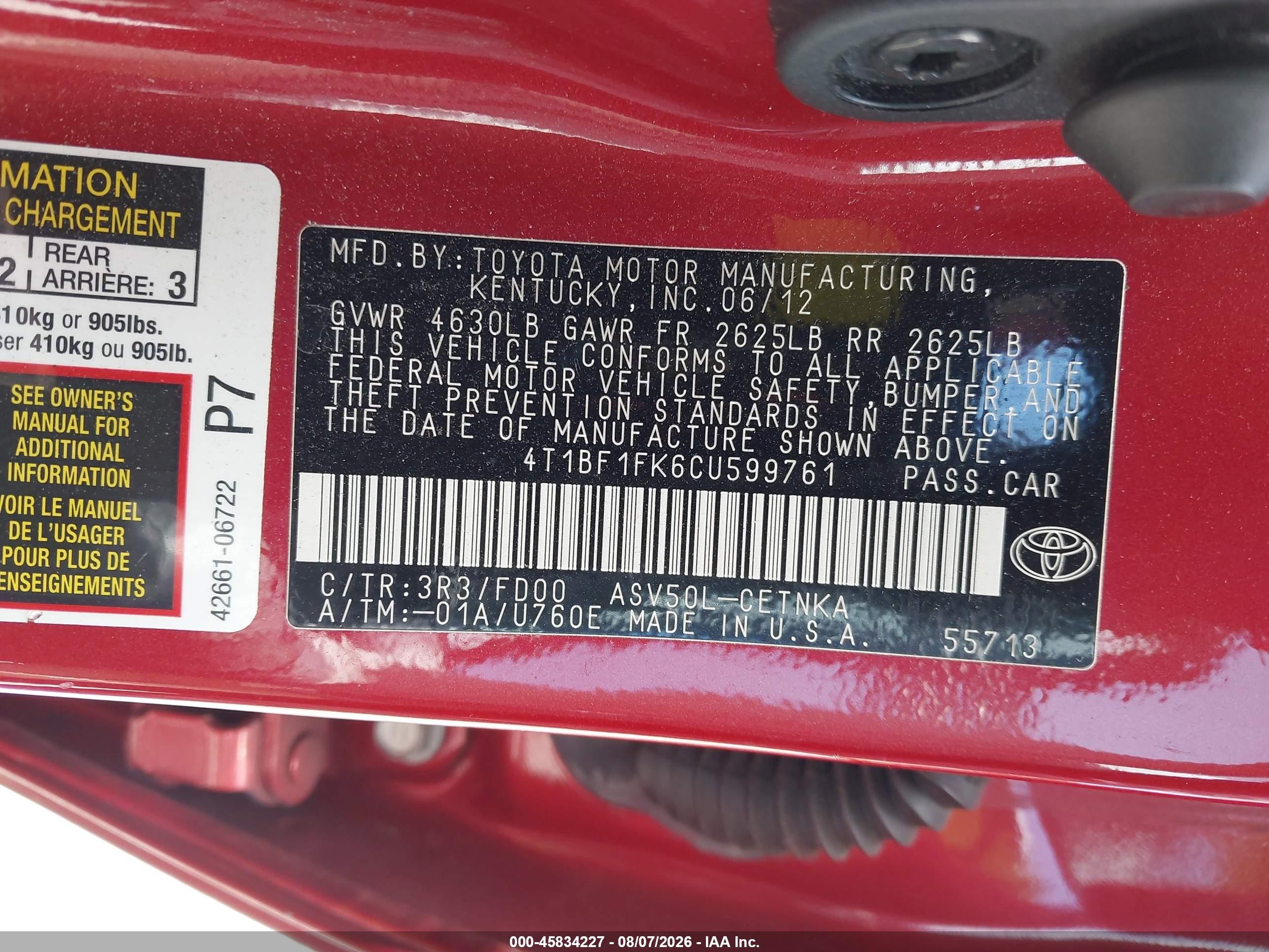 2012 Toyota Camry Le Red vin: 4T1BF1FK6CU599761