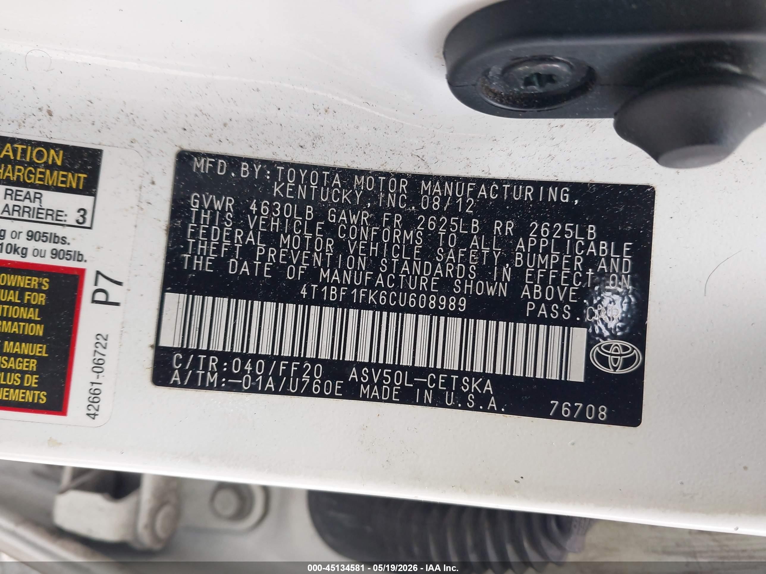 2012 Toyota Camry Se White vin: 4T1BF1FK6CU608989