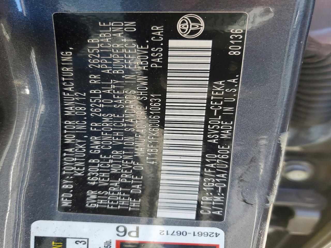 2012 Toyota Camry L Gray vin: 4T1BF1FK6CU610631