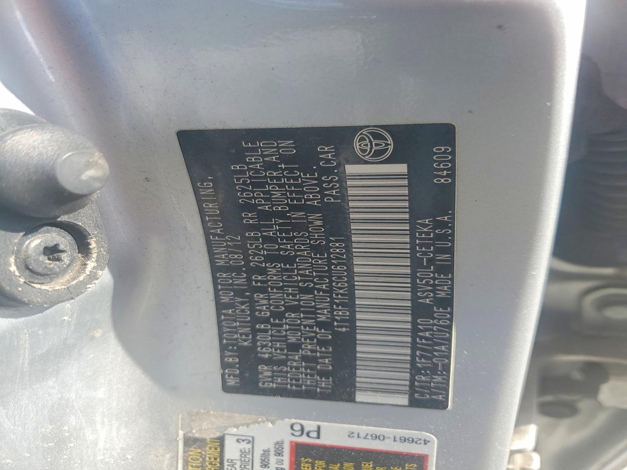 2012 Toyota Camry L Серебряный vin: 4T1BF1FK6CU612881