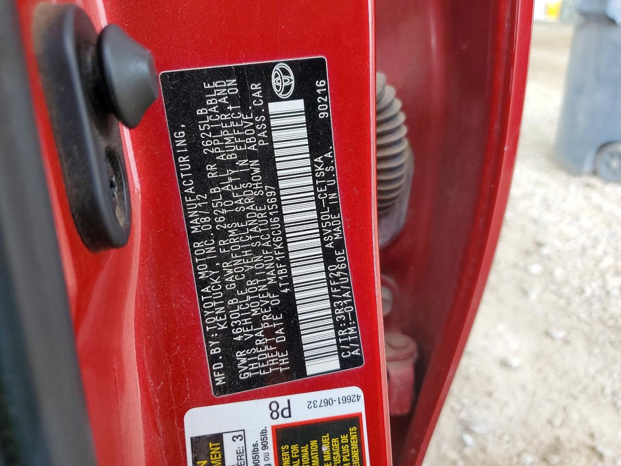 2012 Toyota Camry Se Sport Limited Edition Red vin: 4T1BF1FK6CU615697