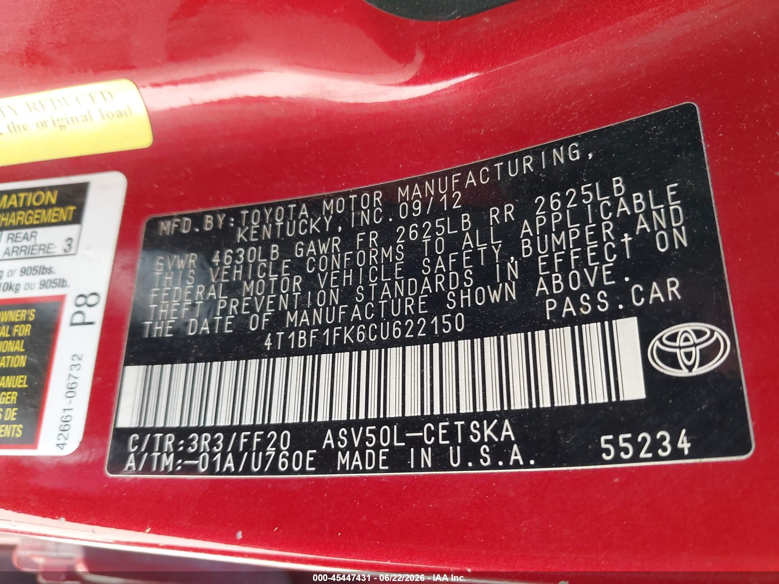 2012 Toyota Camry Se Limited Edition Red vin: 4T1BF1FK6CU622150
