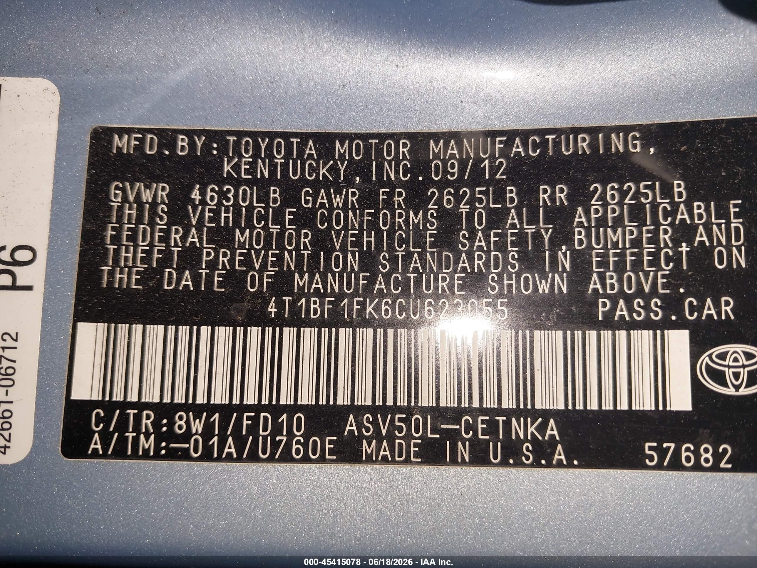2012 Toyota Camry Le Blue vin: 4T1BF1FK6CU623055