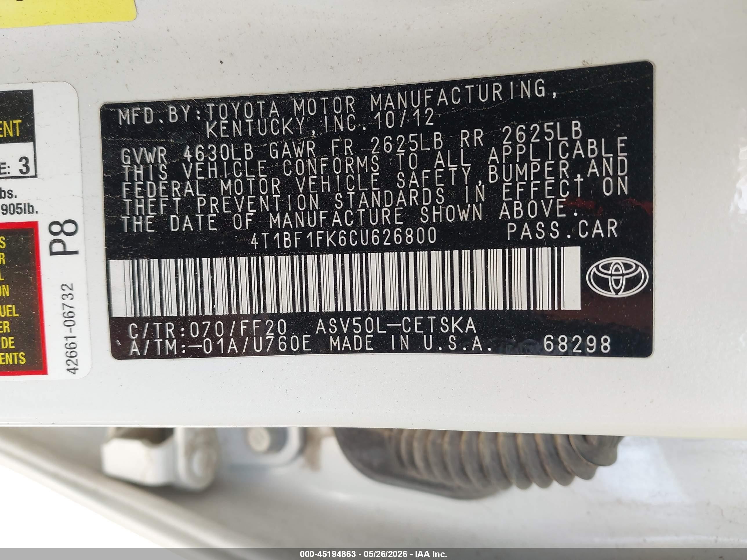 2012 Toyota Camry Se Limited Edition White vin: 4T1BF1FK6CU626800