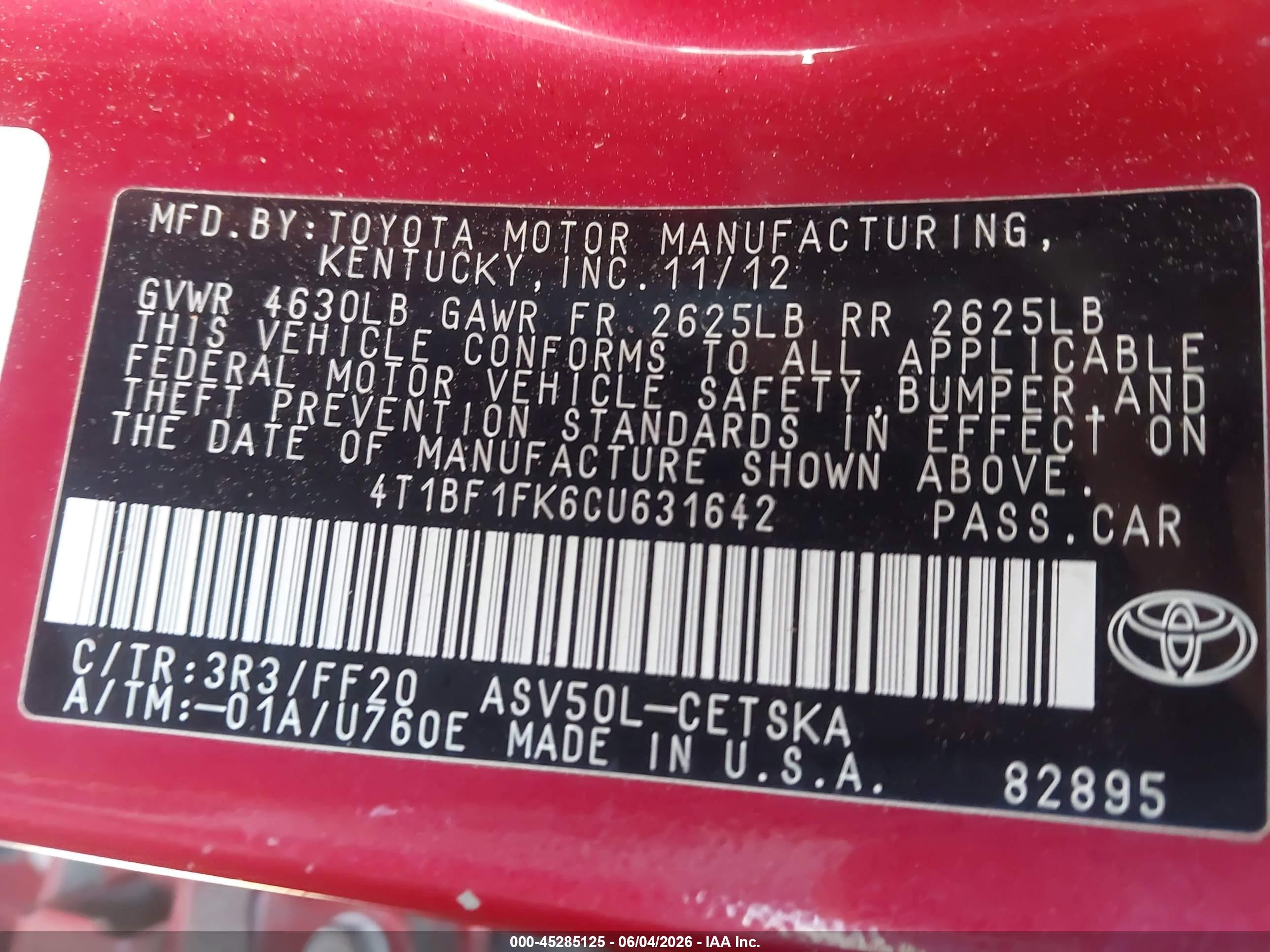 2012 Toyota Camry Se Limited Edition Красный vin: 4T1BF1FK6CU631642