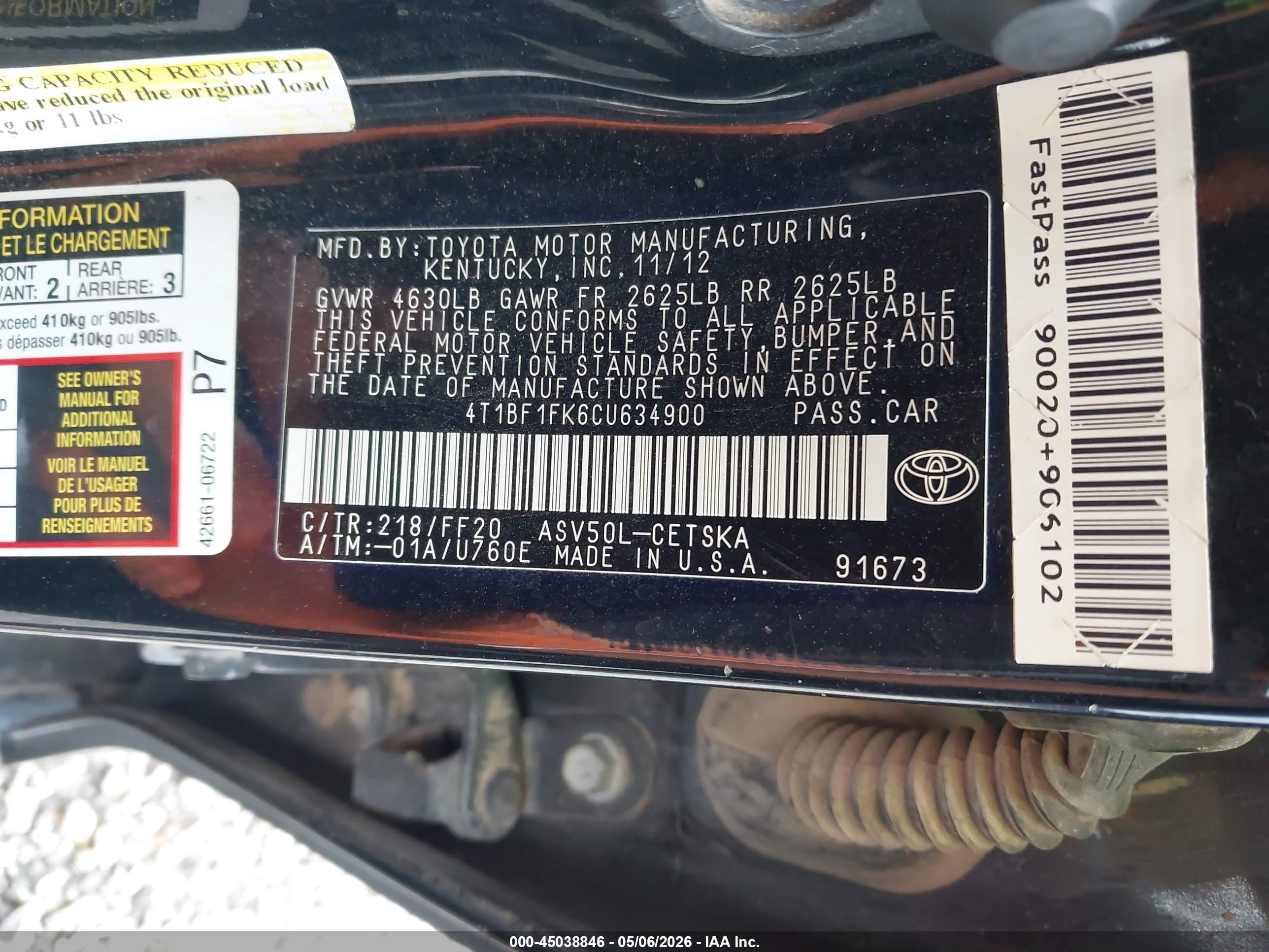 2012 Toyota Camry Se Black vin: 4T1BF1FK6CU634900